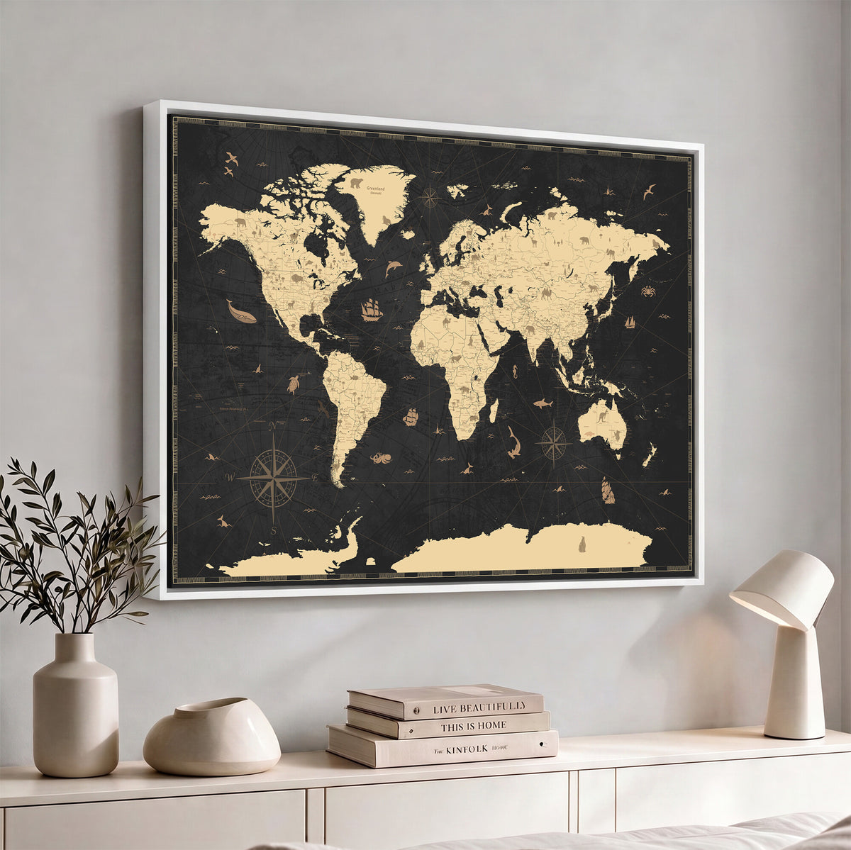 75220264-MGV-CV-36X24 - World Map Wall Art Canvas Print, Modern Decorative Framed Map Artwork Prints for Living Room, Office, Bedroom Wall Decor
