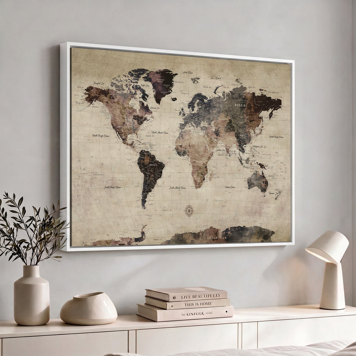60560672-MGV-CV-36X24 - World Map Wall Art Canvas Print, Modern Decorative Framed Map Artwork Prints for Living Room, Office, Bedroom Wall Decor