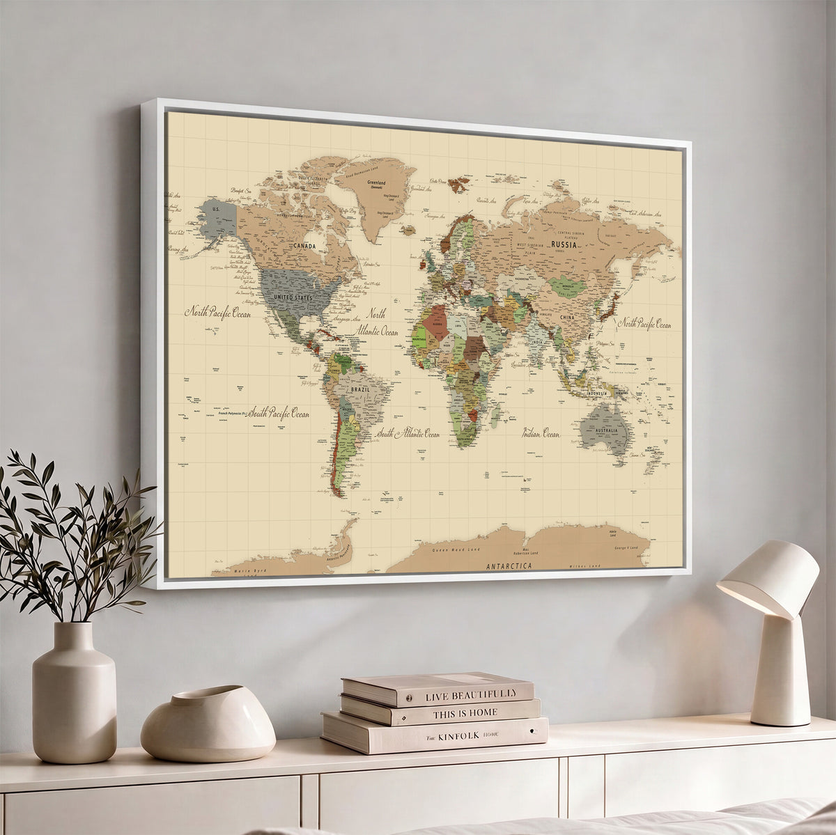 31407854-MGV-CV-36X24 - World Map Wall Art Canvas Print, Modern Decorative Framed Map Artwork Prints for Living Room, Office, Bedroom Wall Decor