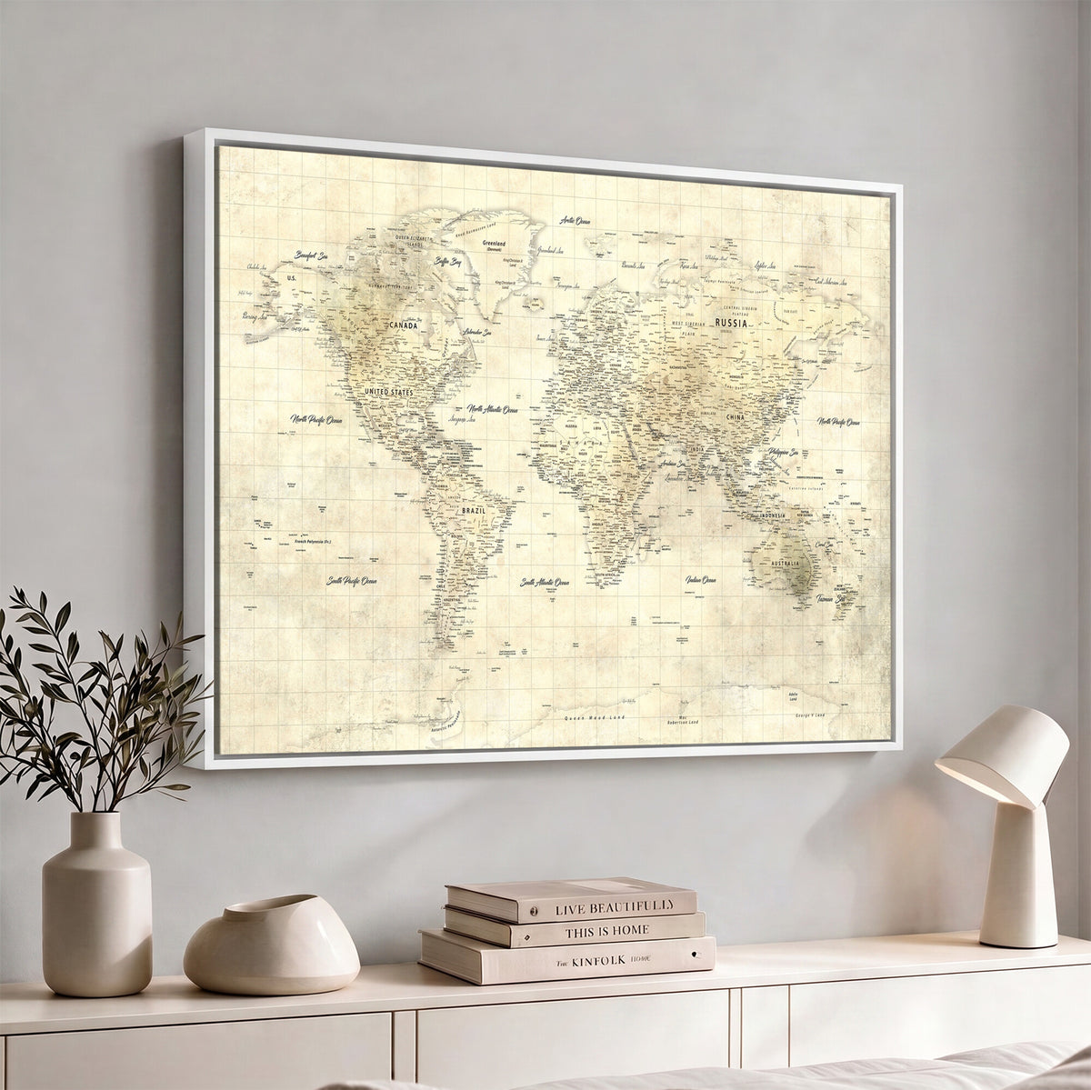 17101439-MGV-CV-36X24 - World Map Wall Art Canvas Print, Modern Decorative Framed Map Artwork Prints for Living Room, Office, Bedroom Wall Decor