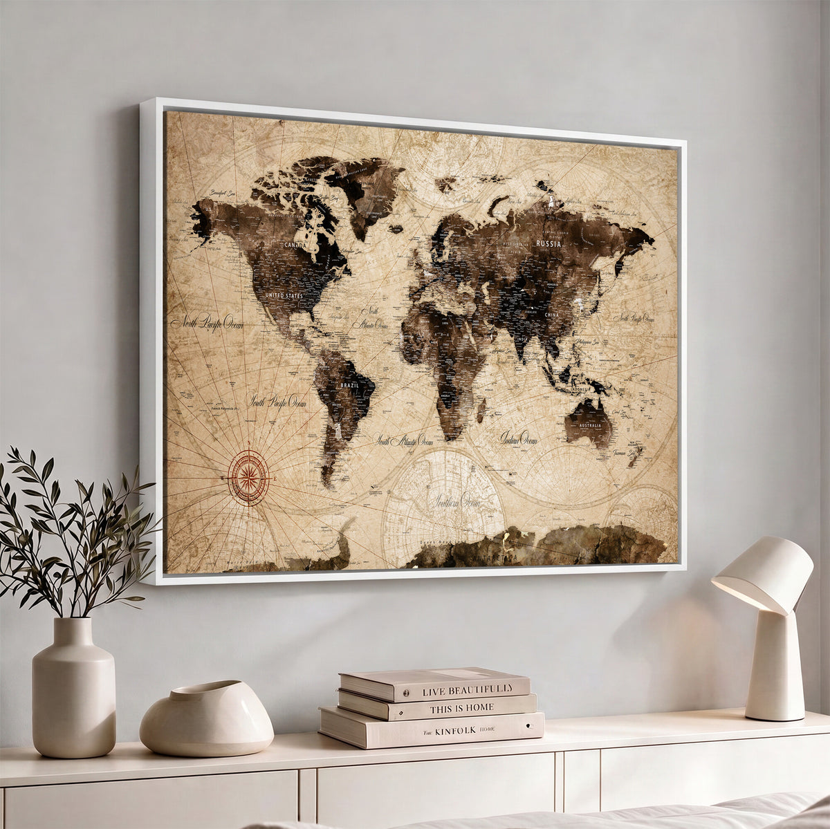 47657418-MGV-CV-36X24 - World Map Wall Art Canvas Print, Modern Decorative Framed Map Artwork Prints for Living Room, Office, Bedroom Wall Decor