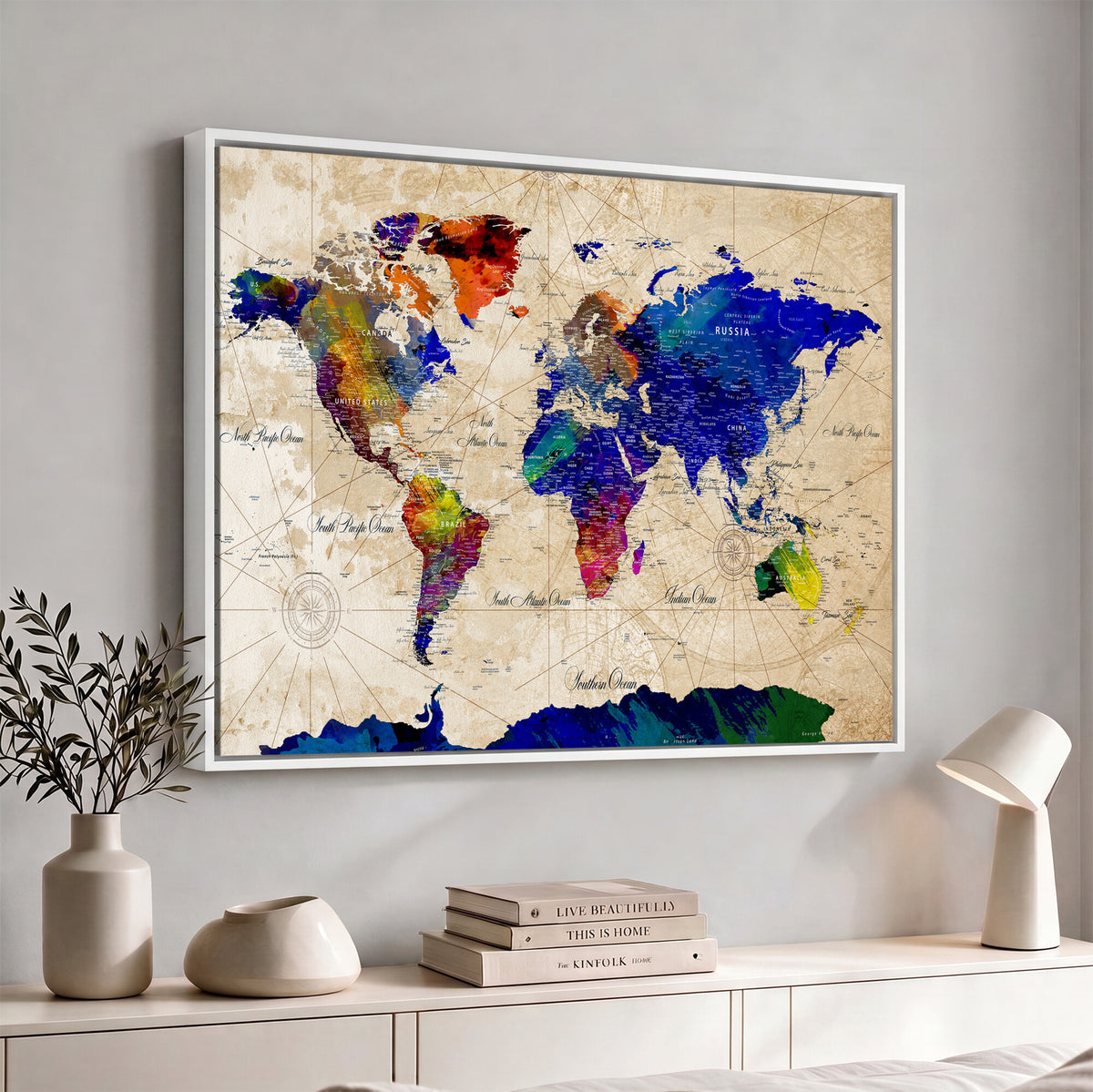 26284075-MGV-CV-36X24 - World Map Wall Art Canvas Print, Modern Decorative Framed Map Artwork Prints for Living Room, Office, Bedroom Wall Decor