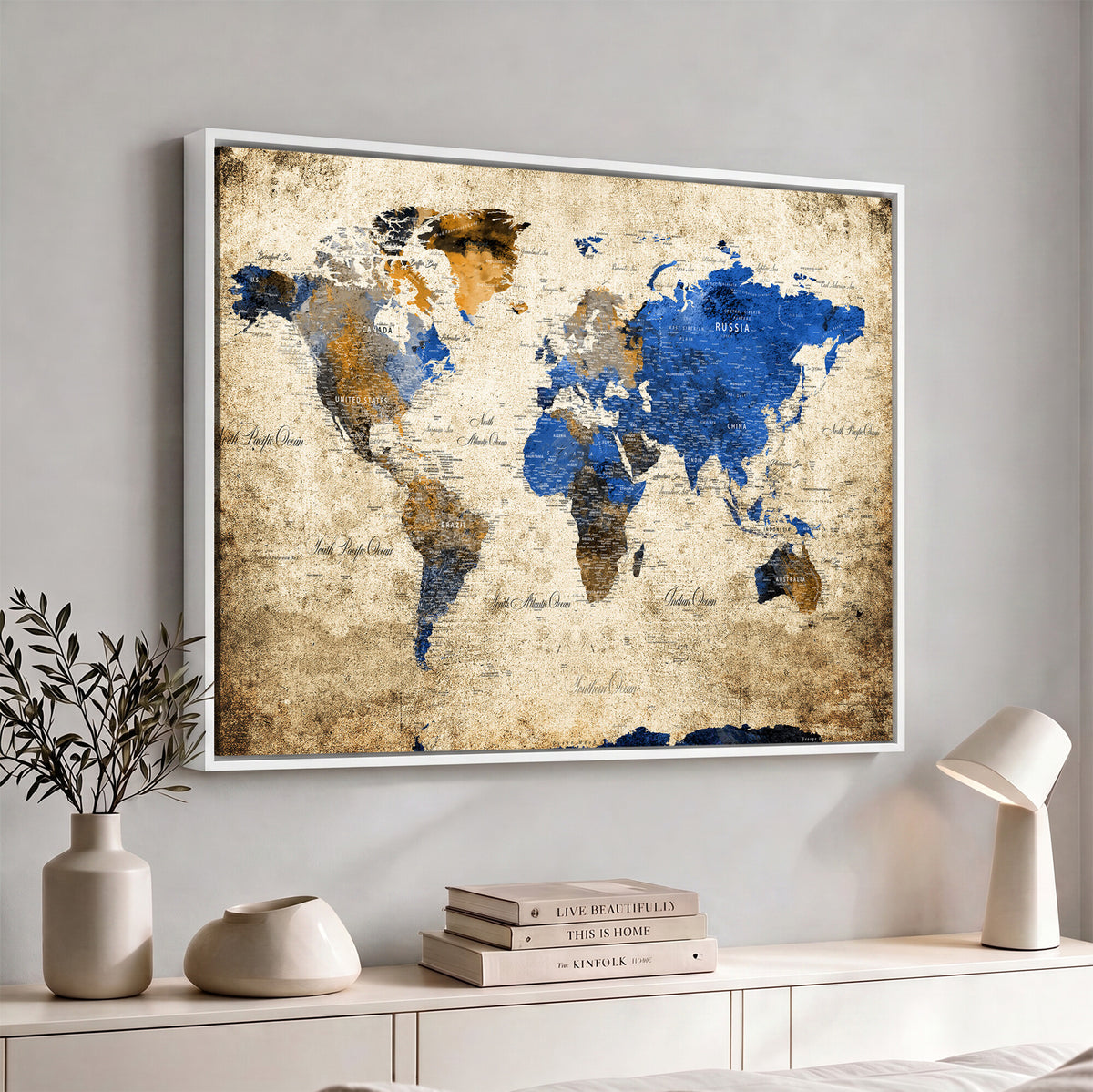 27314341-MGV-CV-36X24 - World Map Wall Art Canvas Print, Modern Decorative Framed Map Artwork Prints for Living Room, Office, Bedroom Wall Decor
