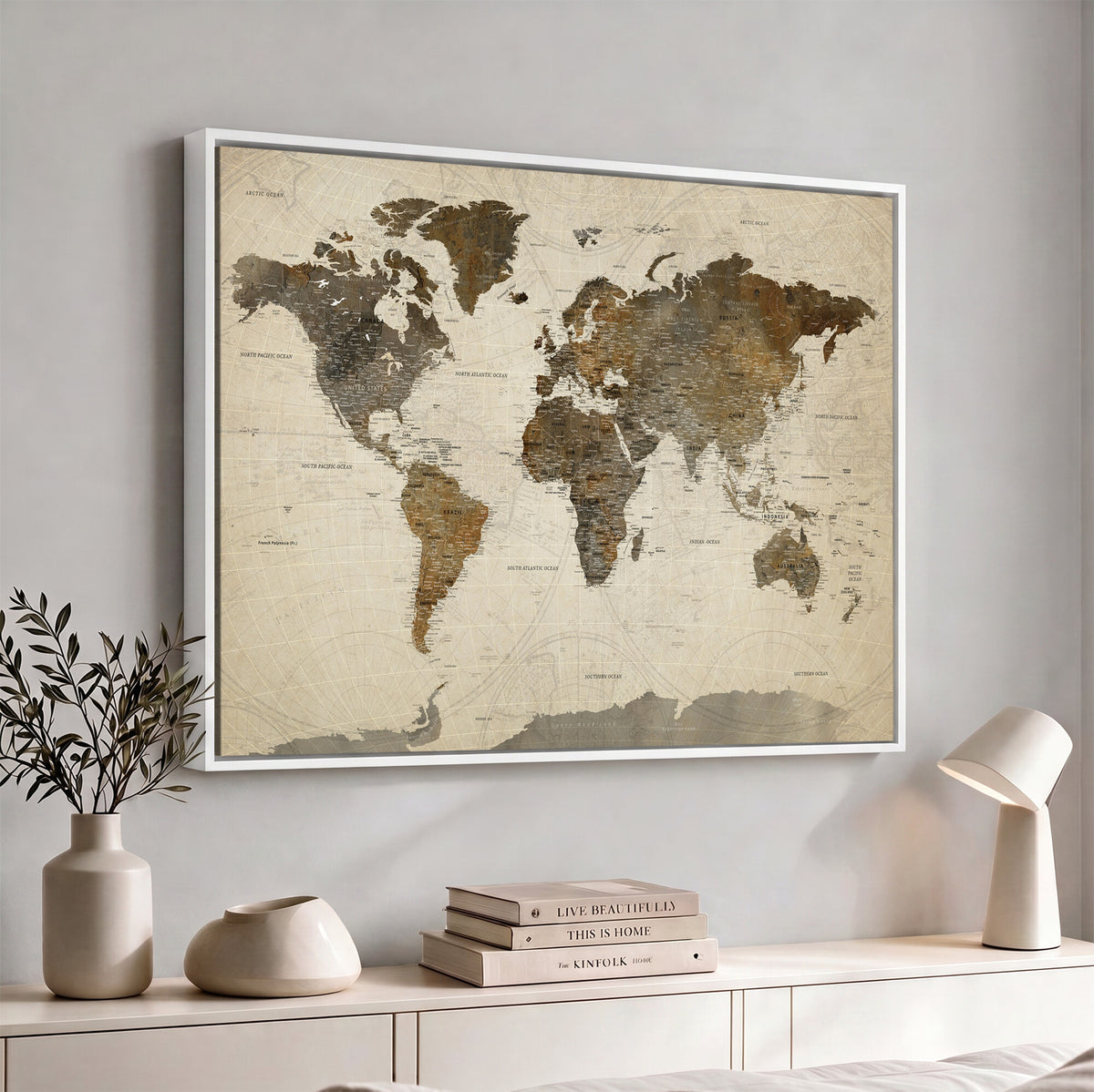 49623468-MGV-CV-36X24 - World Map Wall Art Canvas Print, Modern Decorative Framed Map Artwork Prints for Living Room, Office, Bedroom Wall Decor