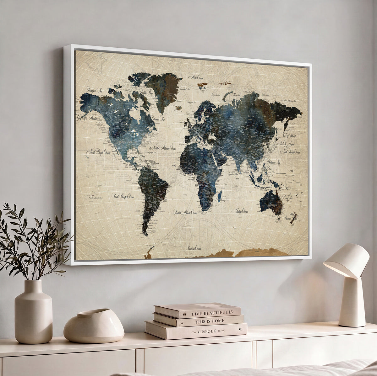 72927803-MGV-CV-36X24 - World Map Wall Art Canvas Print, Modern Decorative Framed Map Artwork Prints for Living Room, Office, Bedroom Wall Decor
