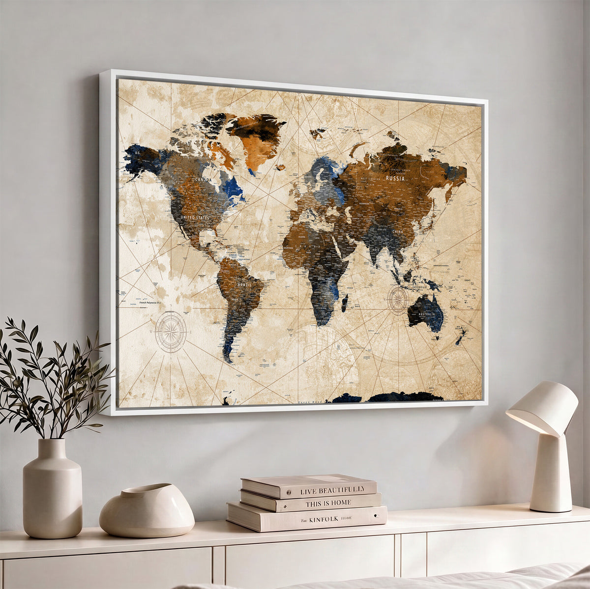 15727090-MGV-CV-36X24 - World Map Wall Art Canvas Print, Modern Decorative Framed Map Artwork Prints for Living Room, Office, Bedroom Wall Decor