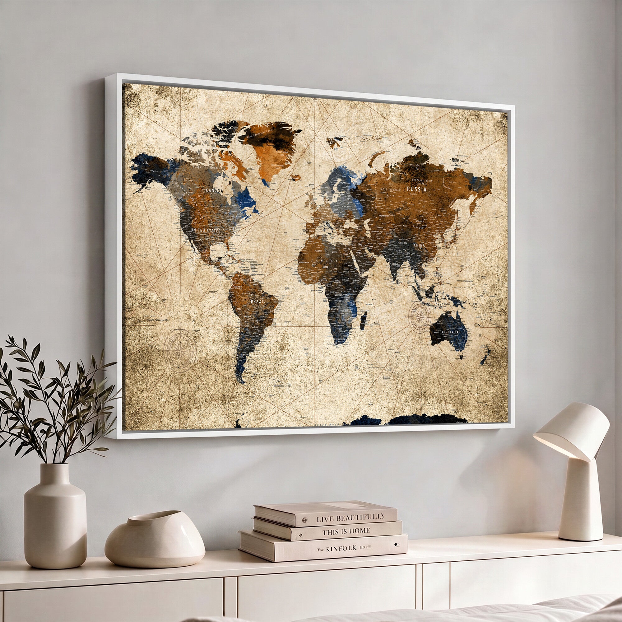 27163414-MGV-CV-36X24 - World Map Wall Art – Rustic Earth Tone Canvas Print, Antique