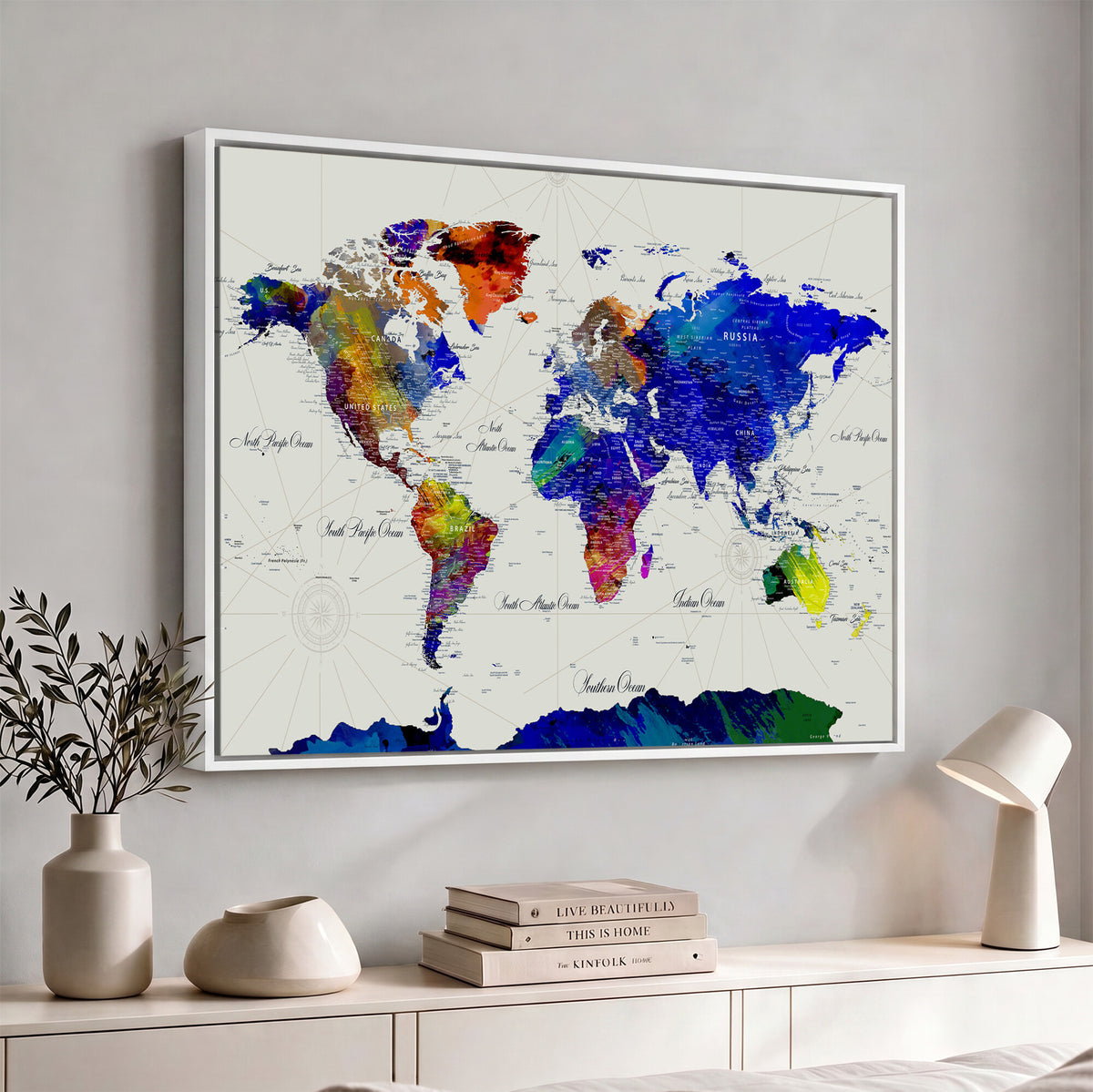 49670038-MGV-CV-36X24 - World Map Wall Art Canvas Print, Modern Decorative Framed Map Artwork Prints for Living Room, Office, Bedroom Wall Decor