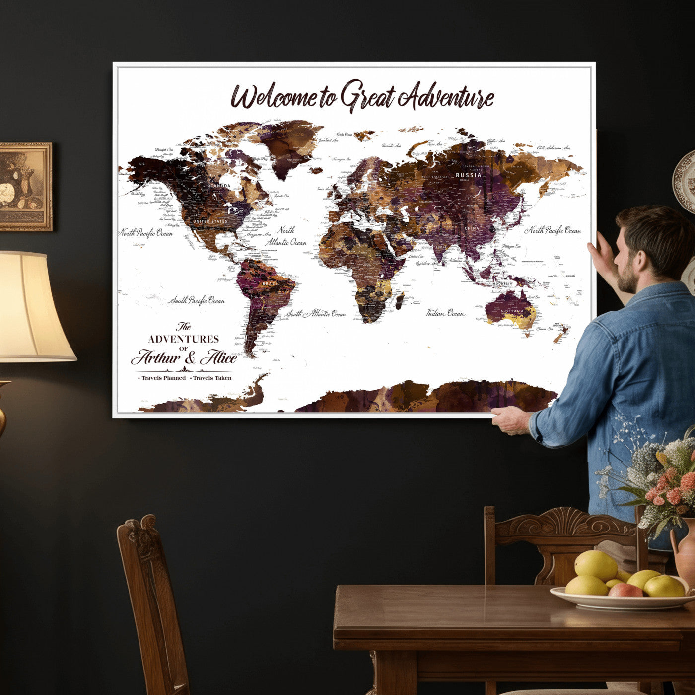 64110391125-MGV-CV-36X24 - Custom Push Pin World Map Wall Art Canvas Print – Personalized Travel Tracker with Pins Framed Large for Home and Office Decor