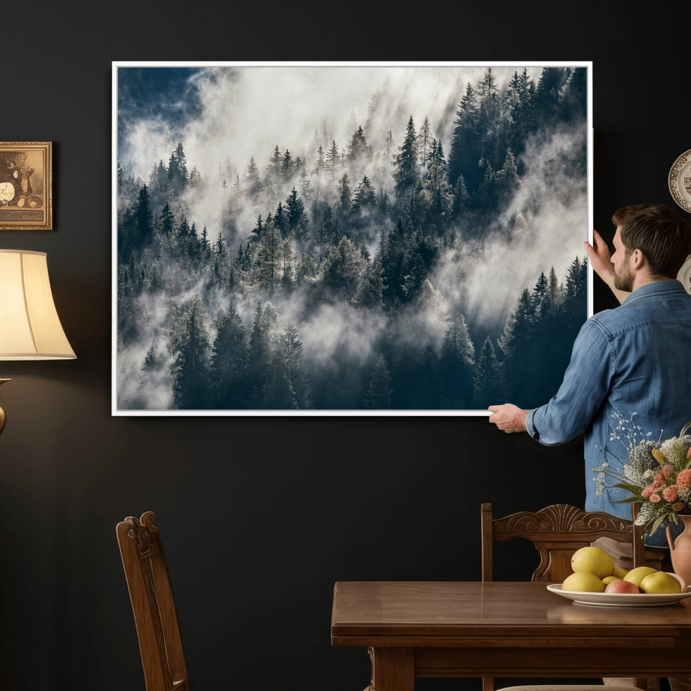 63405824-MGV-CV-36X24 - Foggy Mountain Forest Canvas Print, Misty Pine Trees Nature Wall Art, Framed Canvas Ready to Hang