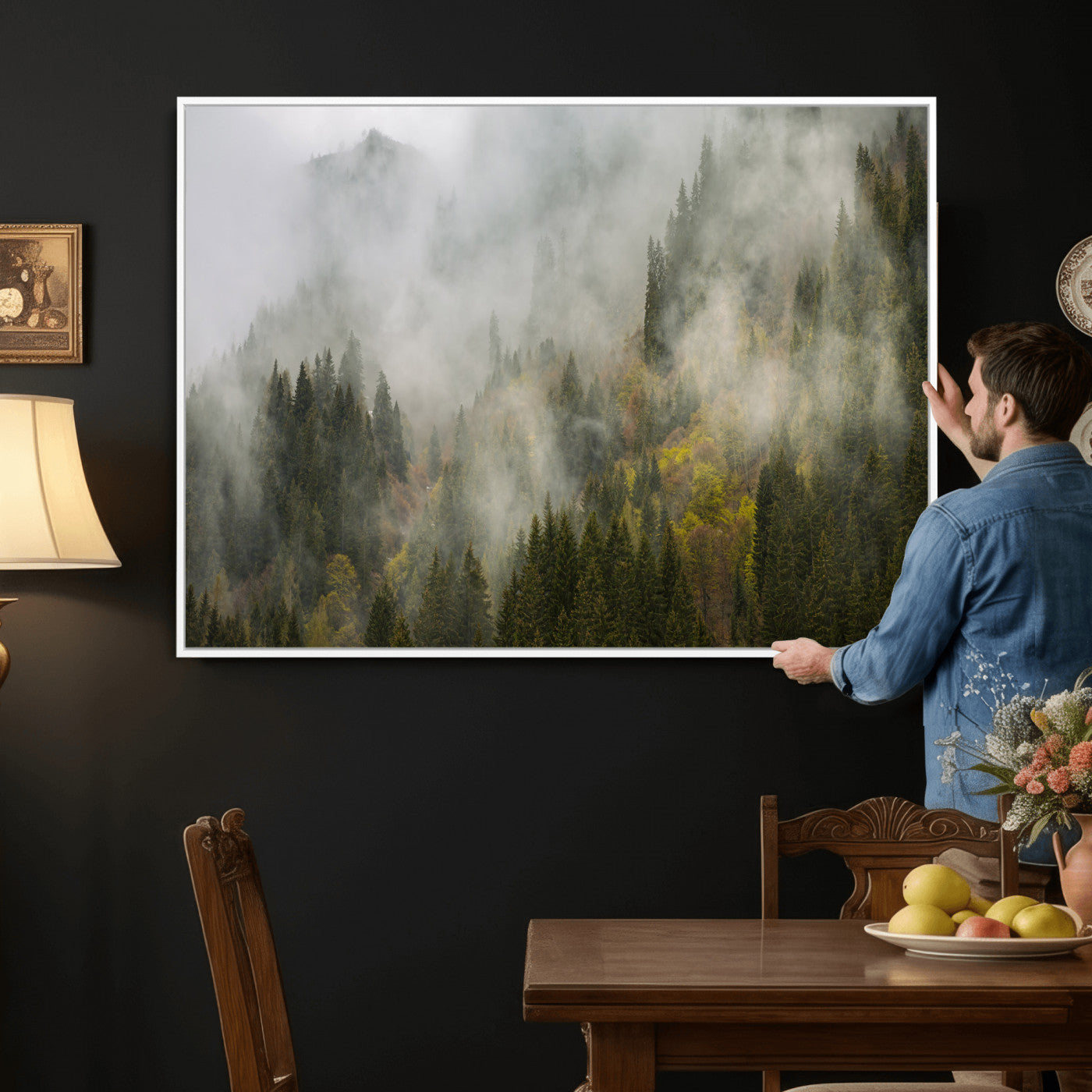 31152954-MGV-CV-36X24 - Misty Mountain Forest Canvas Print, Foggy Pine Trees Nature Wall Art, Framed Canvas Ready to Hang