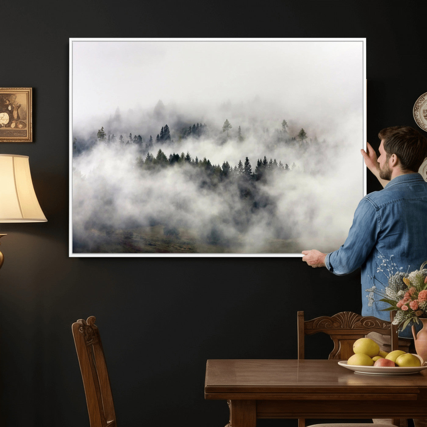 63235457-MGV-CV-36X24 - Foggy Forest Wall Art Canvas Print, Misty Pine Tree Landscape Wall Art Print, Framed Wall Art Ready to Hang