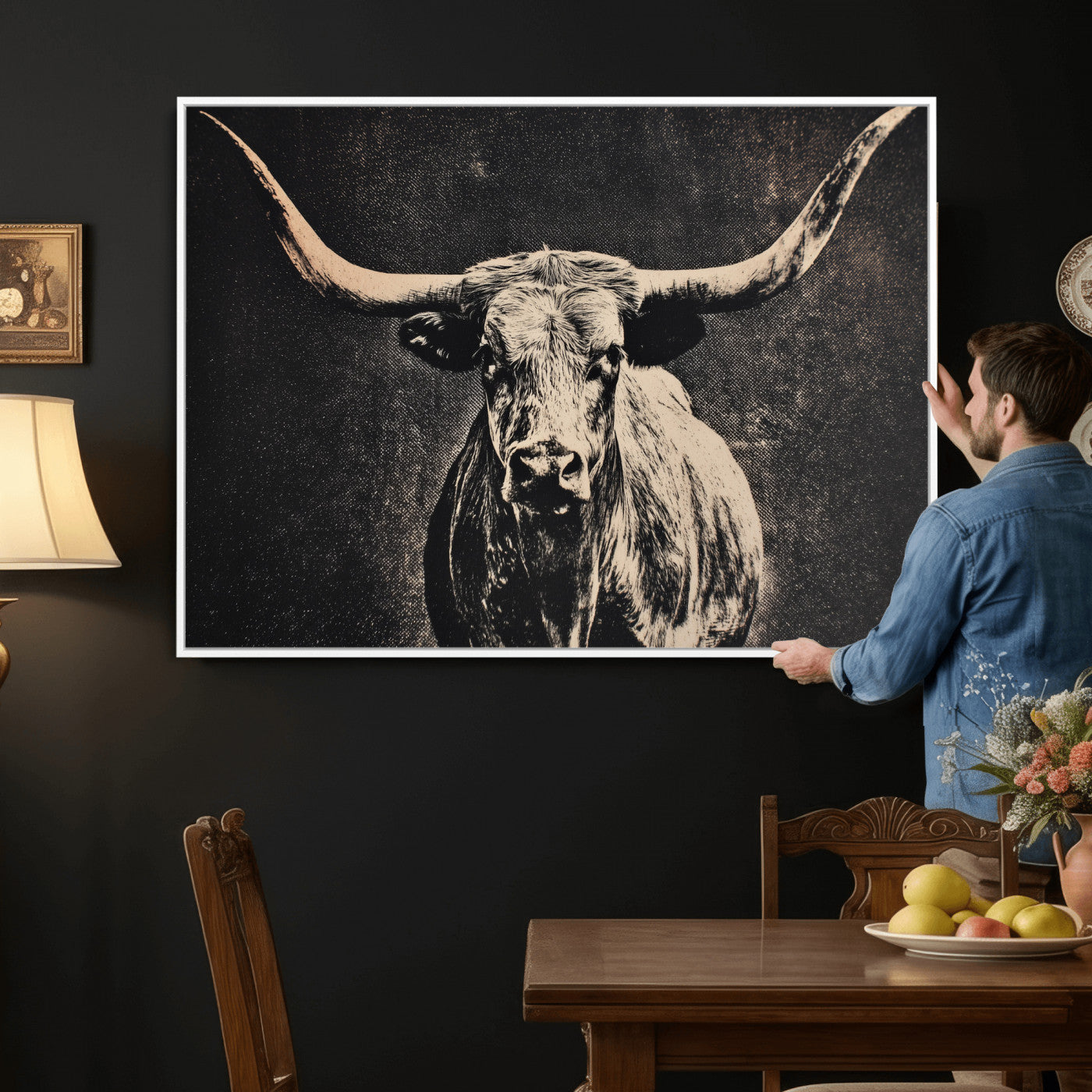 27394218-MGV-CV-36X24 - Vintage Texas Longhorn Bull Wall Art Canvas Print, Cow Portrait Photography Print, Framed Wall Art Ready to Hang
