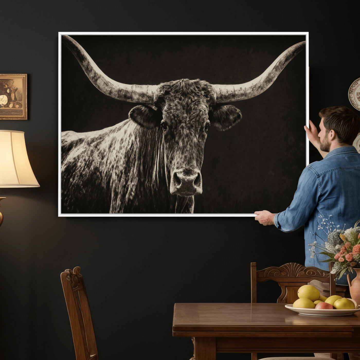 74513721-MGV-CV-36X24 - Vintage Texas Longhorn Bull Wall Art Canvas Print, Cow Portrait Photography Print, Framed Wall Art Ready to Hang