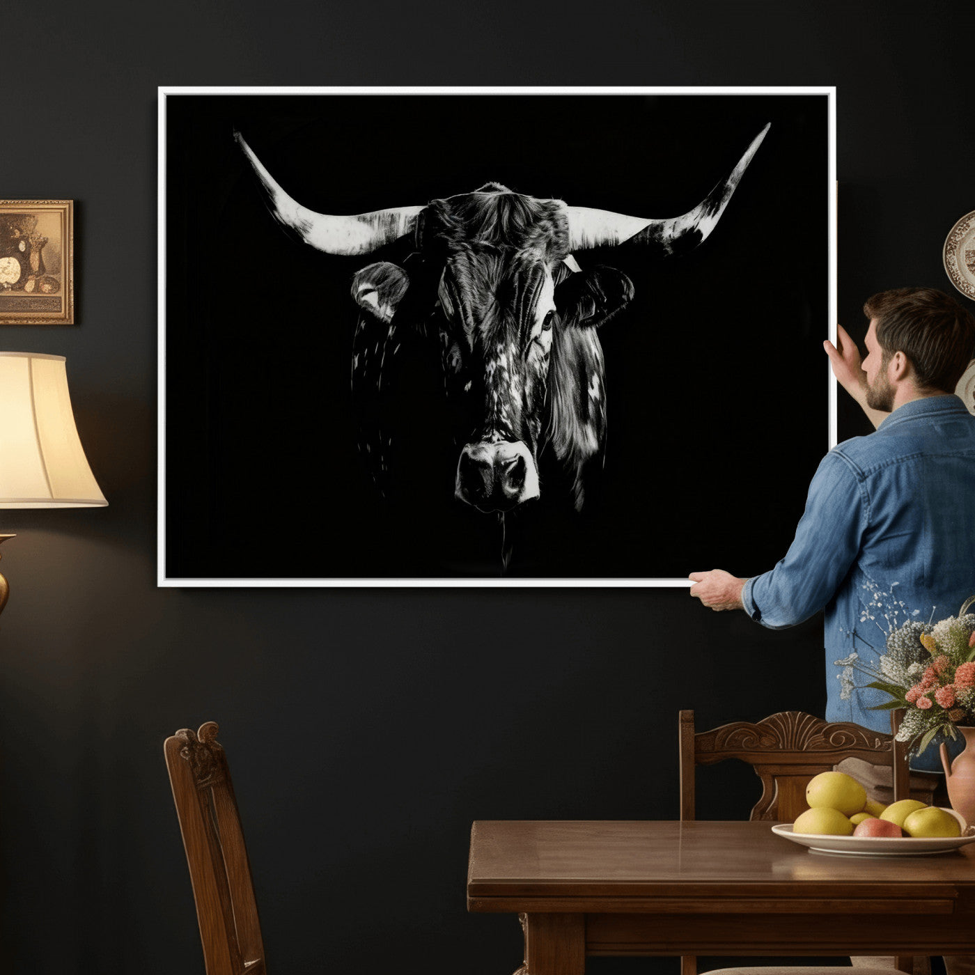 21436434-MGV-CV-36X24 - Black Bull Wall Art Canvas Print, Dark Longhorn Portrait Photography, Framed Wall Art Ready to Hang