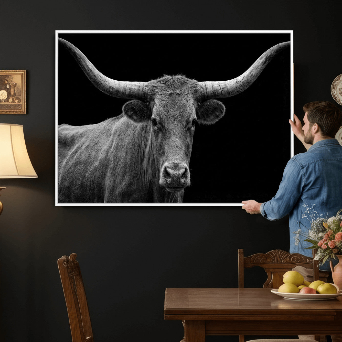 32601430-MGV-CV-36X24 - Texas Longhorn Bull Wall Art Canvas Print, Cow Portrait Photography, Framed Wall Art Ready to Hang