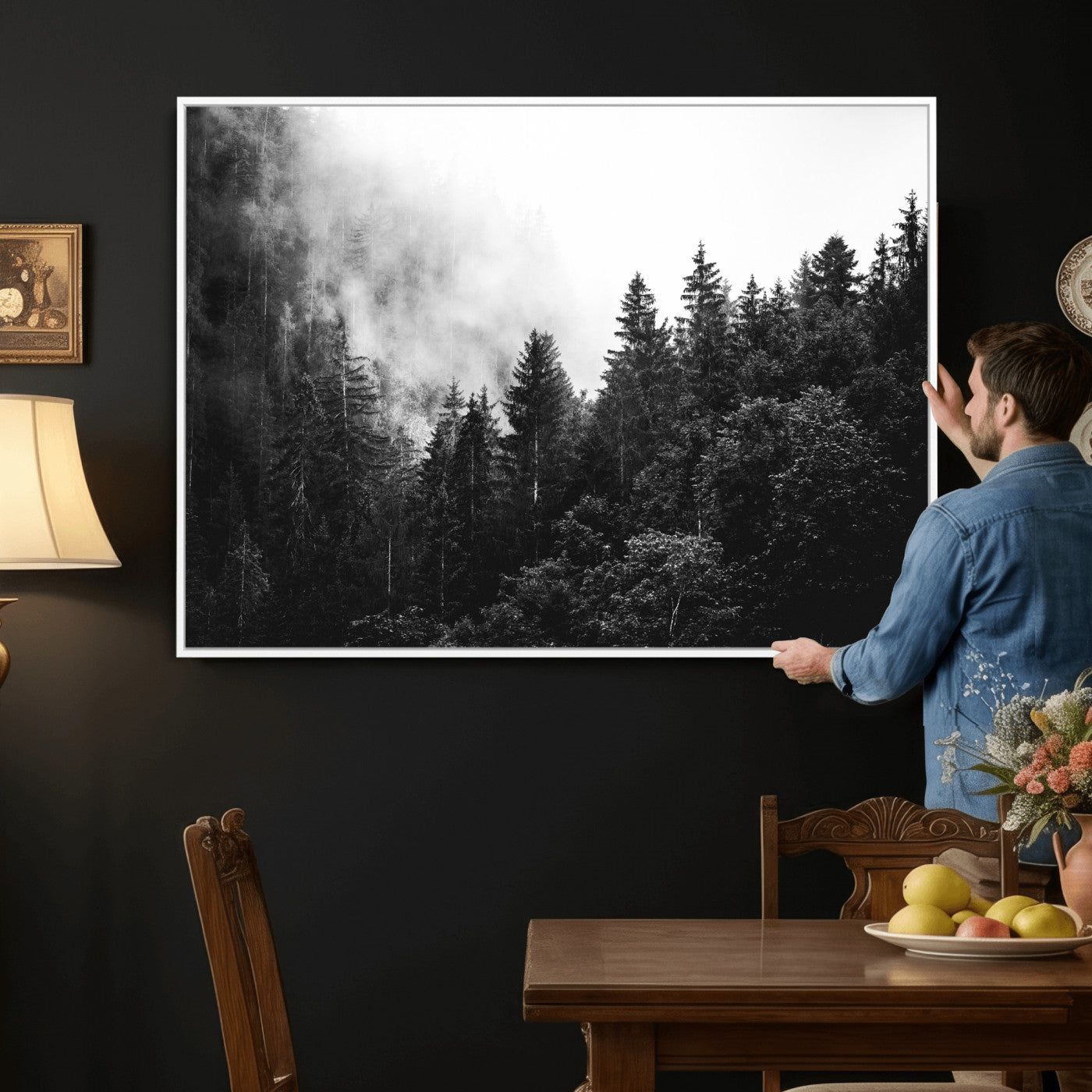 98764151-MGV-CV-36X24 - Black and White Forest Wall Art Canvas Print, Misty Pine Tree Landscape Photography, Framed Wall Art Ready to Hang