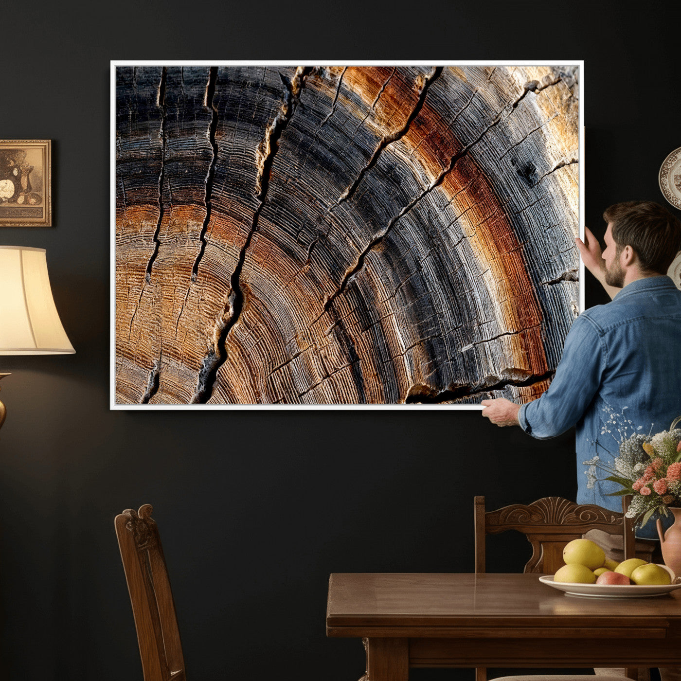 92693966E-MGV-CV-36X24 - Framed Large Abstract Wood Grain Canvas Print, Tree Ring Pattern Wall Art, Framed Canvas Ready to Hang