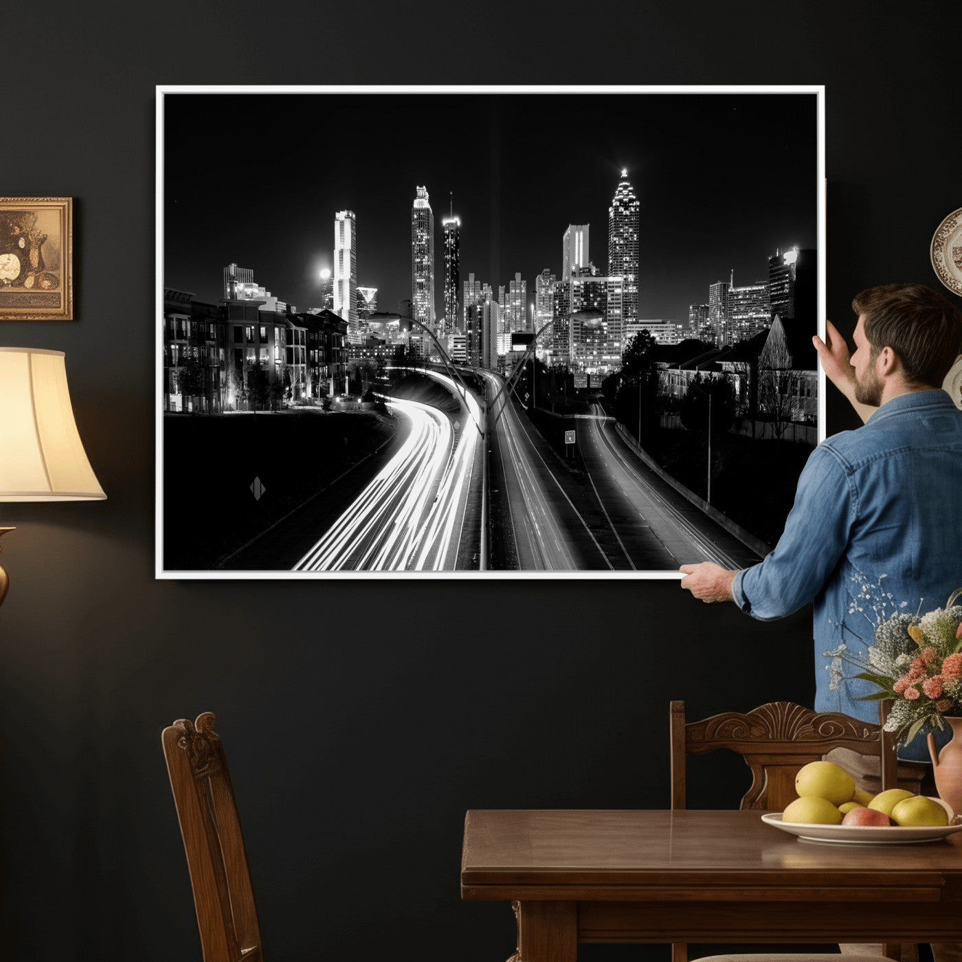 80330064-MGV-CV-36X24 - Atlanta Skyline Wall Art Canvas Print, Atlanta Downtown Night Cityscape Print for Modern Urban Wall Decor