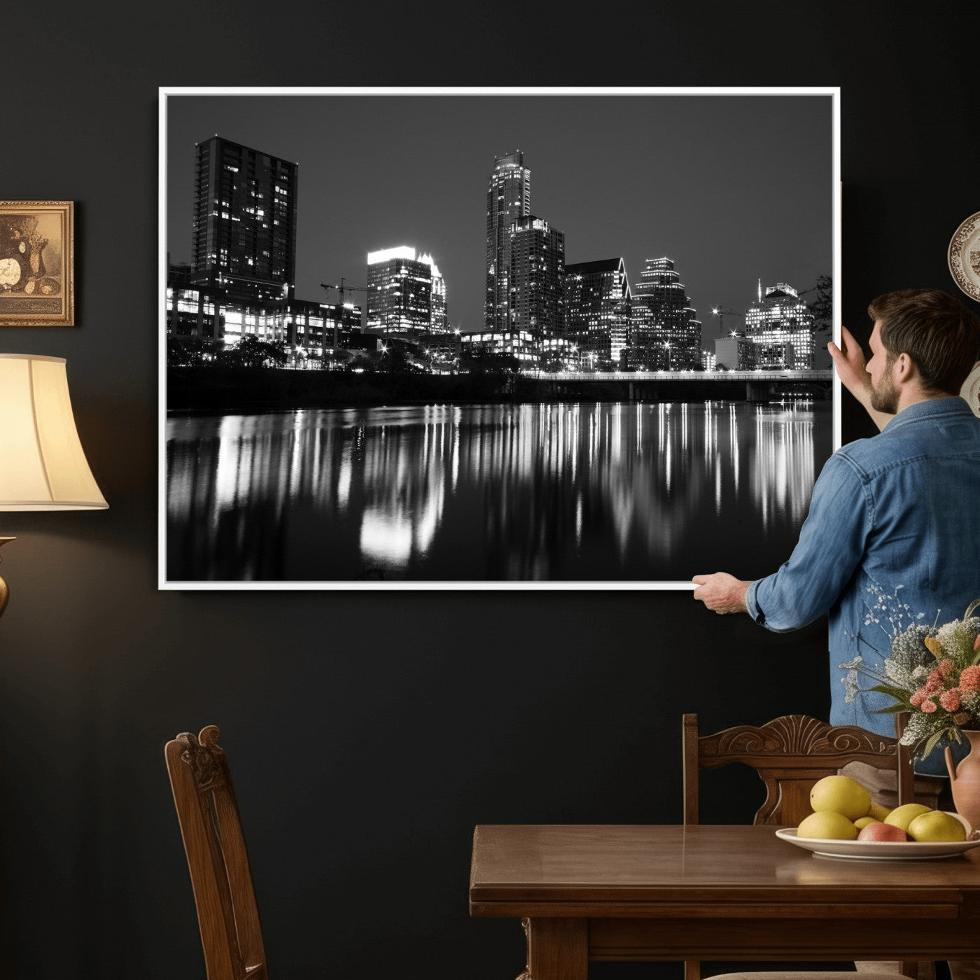 38129554-MGV-CV-36X24 - Austin Skyline Wall Art Canvas Print, Austin Downtown Night Cityscape Print for Modern Urban Wall Decor