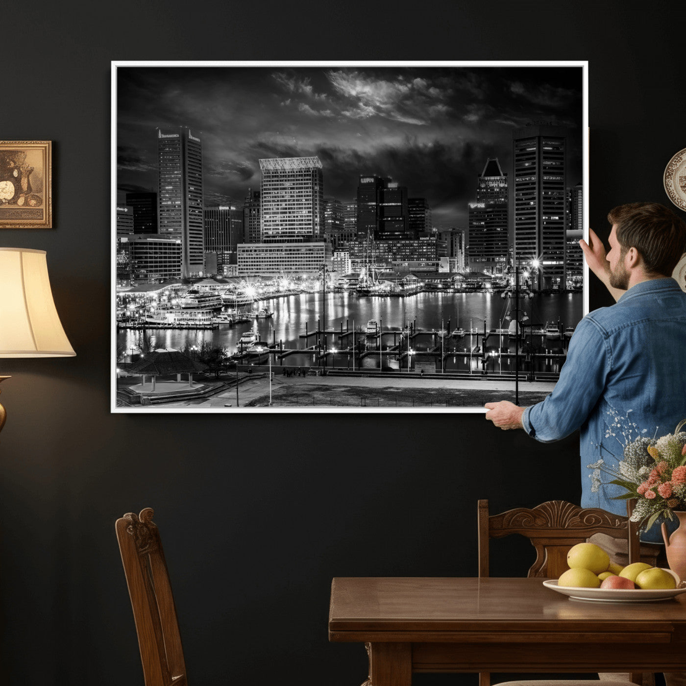 79755655-MGV-CV-36X24 - Baltimore Skyline Wall Art Canvas Print, Baltimore Downtown Night Cityscape Print for Modern Urban Wall Decor