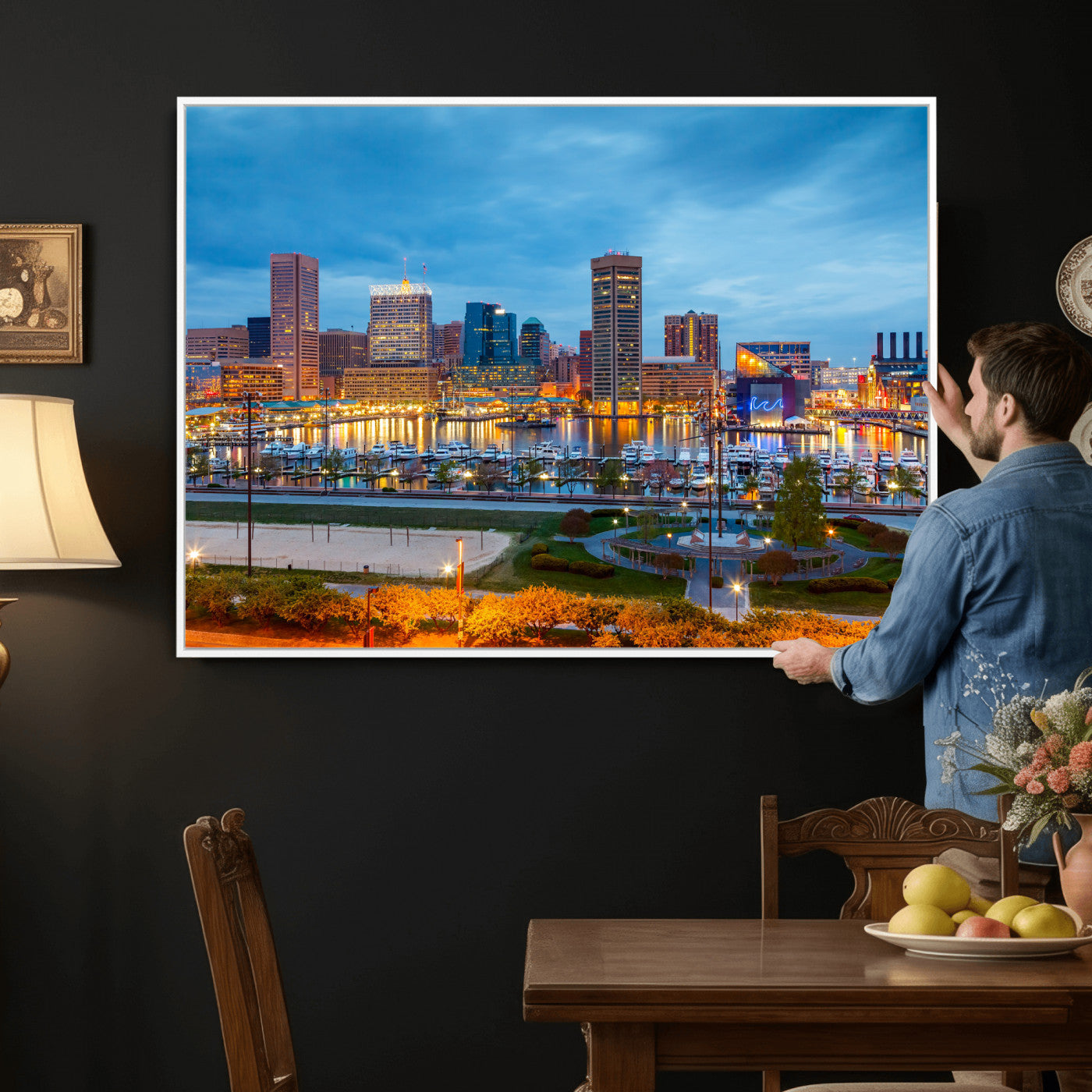 78635089-MGV-CV-36X24 - Baltimore Skyline Wall Art Canvas Print, Baltimore Downtown Night Cityscape Print for Modern Urban Wall Decor