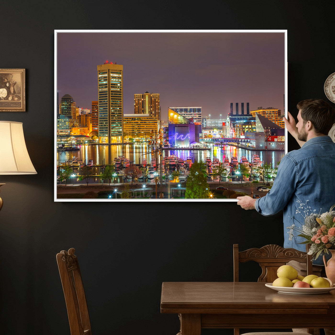 42654823-MGV-CV-36X24 - Baltimore Skyline Wall Art Canvas Print, Baltimore Downtown Night Cityscape Print for Modern Urban Wall Decor