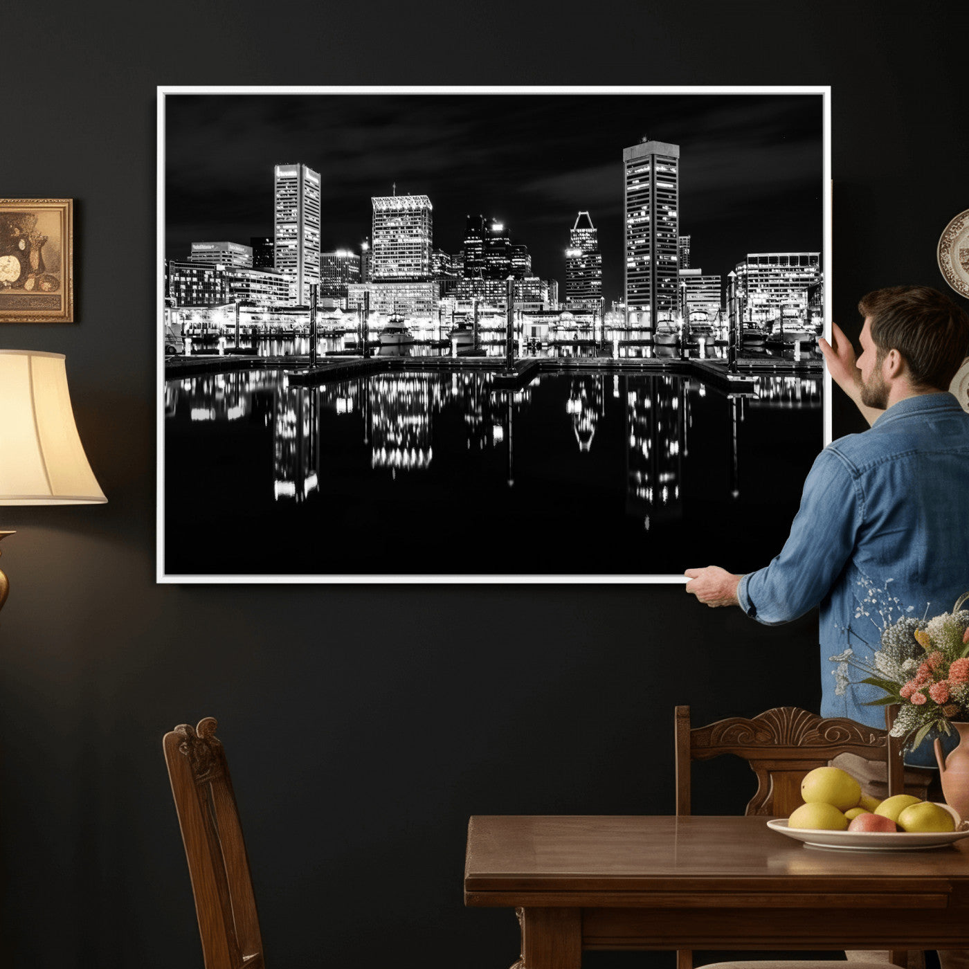 69187681-MGV-CV-36X24 - Baltimore Skyline Wall Art Canvas Print, Baltimore Downtown Night Cityscape Print for Modern Urban Wall Decor