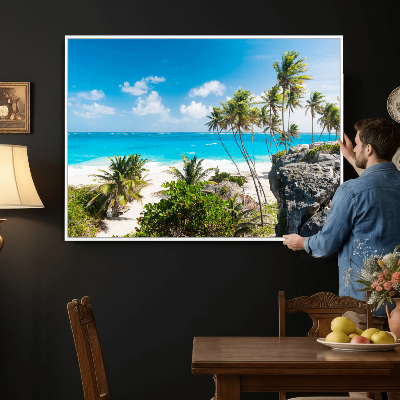 79995168-MGV-CV-36X24 - Barbados Beach Wall Art Canvas Print, Palm Tree Ocean Landscape, Turquoise Sea Coastal Photography, Tropical Island Wall Decor, Framed Ready to Hang