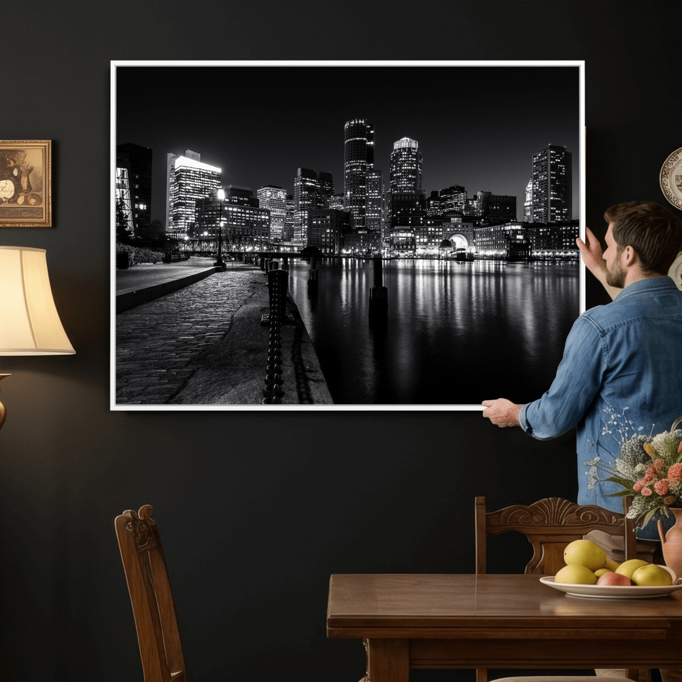 53082656-MGV-CV-36X24 - Boston Wall Art Canvas Print, Boston City Downtown Night Cityscape Print for Modern Urban Wall Decor