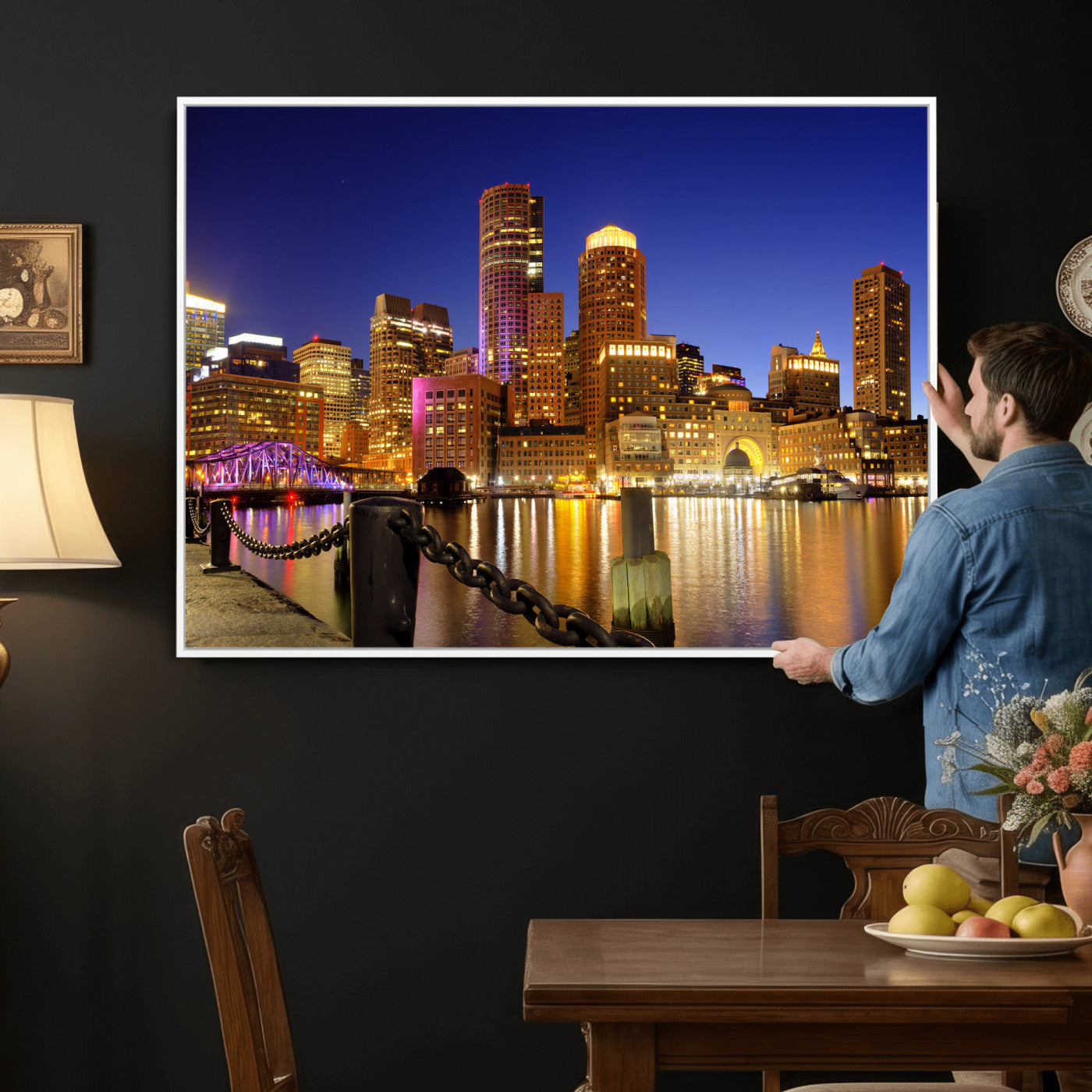 56611117-MGV-CV-36X24 - Boston Wall Art Canvas Print, Boston City Downtown Night Cityscape Print for Modern Urban Wall Decor