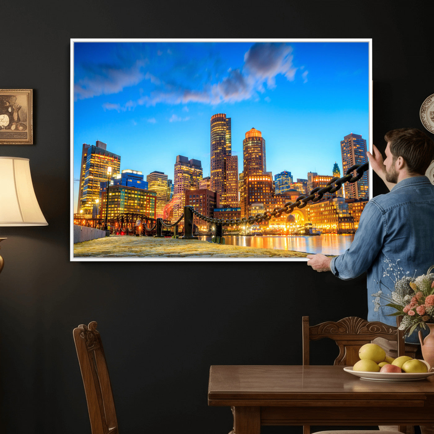 46736409-MGV-CV-36X24 - Boston Wall Art Canvas Print, Boston City Downtown Night Cityscape Print for Modern Urban Wall Decor