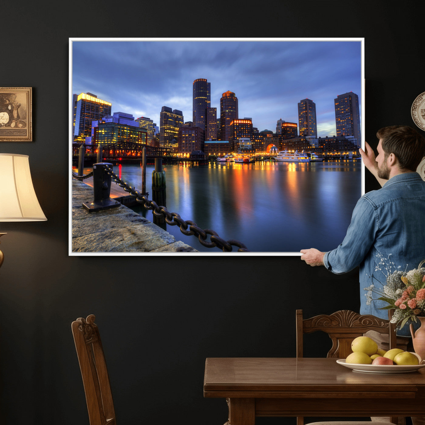 82439622-MGV-CV-36X24 - Boston Wall Art Canvas Print, Boston City Downtown Night Cityscape Print for Modern Urban Wall Decor