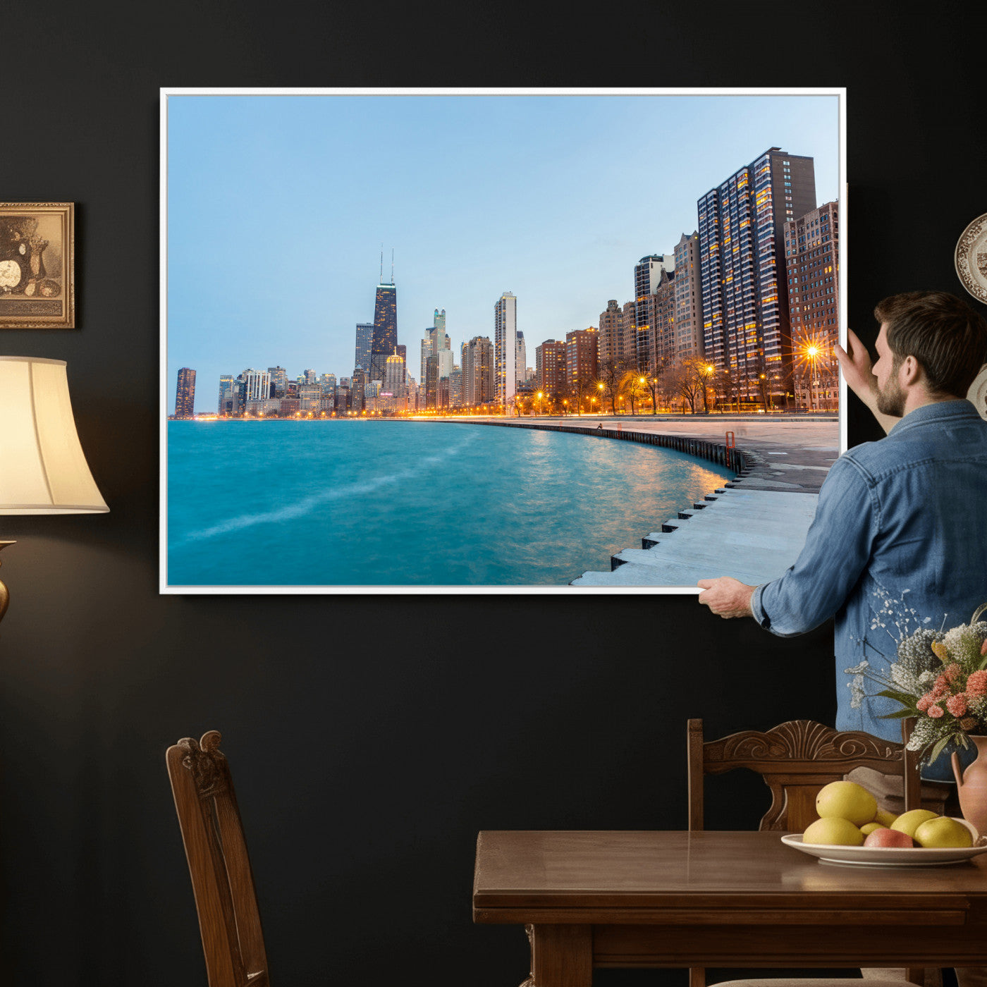 66780141-MGV-CV-36X24 - Chicago Wall Art Canvas Print, Chicago City Downtown Night Cityscape Print for Modern Urban Wall Decor