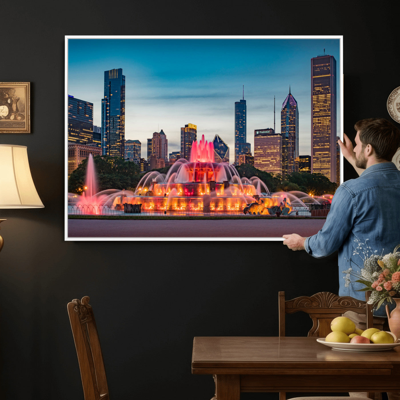 46805285-MGV-CV-36X24 - Chicago Wall Art Canvas Print, Chicago City Downtown Night Cityscape Print for Modern Urban Wall Decor