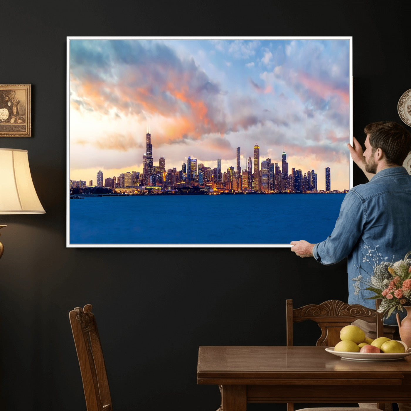34667960-MGV-CV-36X24 - Chicago Wall Art Canvas Print, Chicago City Downtown Night Cityscape Print for Modern Urban Wall Decor