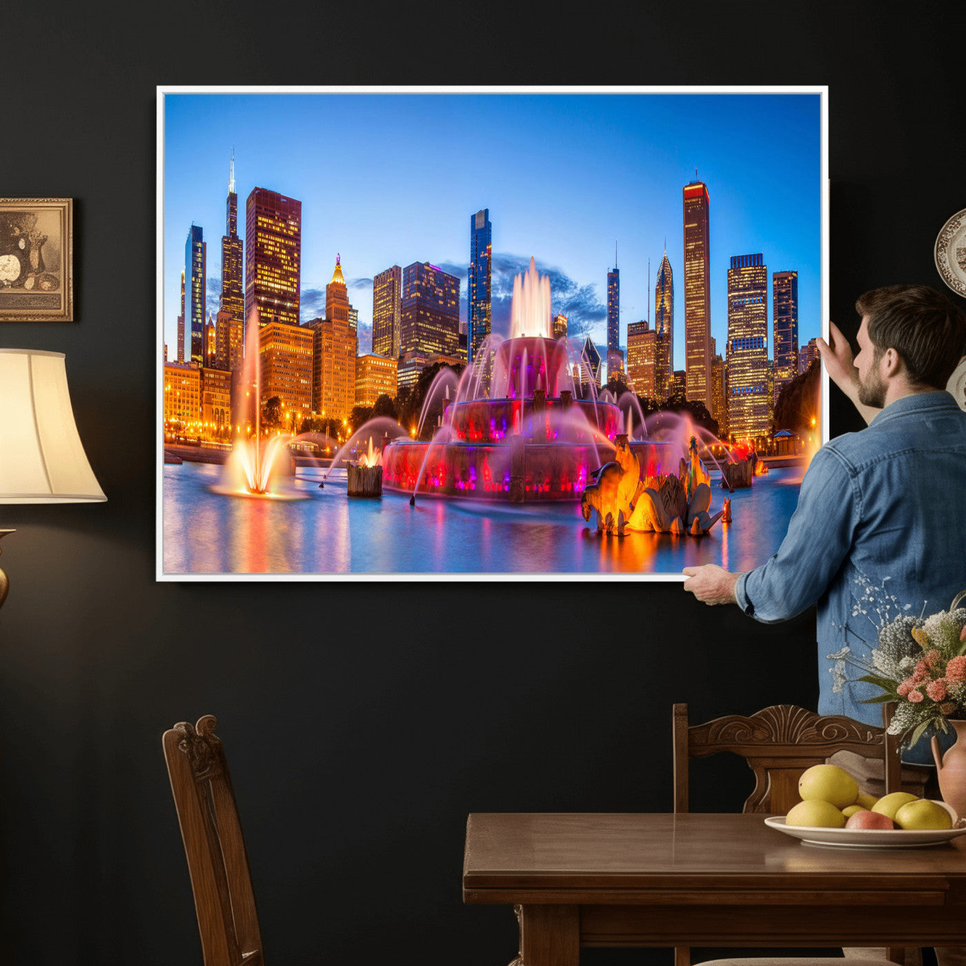 20251989-MGV-CV-36X24 - Chicago Wall Art Canvas Print, Chicago City Downtown Night Cityscape Print for Modern Urban Wall Decor