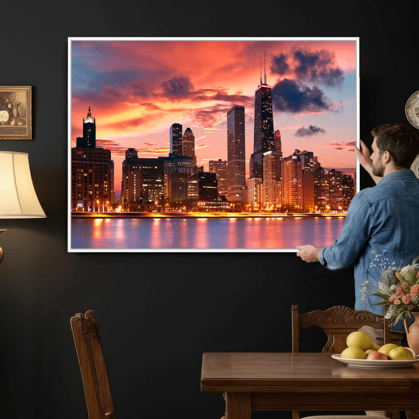 80390109-MGV-CV-36X24 - Chicago Wall Art Canvas Print, Chicago City Downtown Night Cityscape Print for Modern Urban Wall Decor