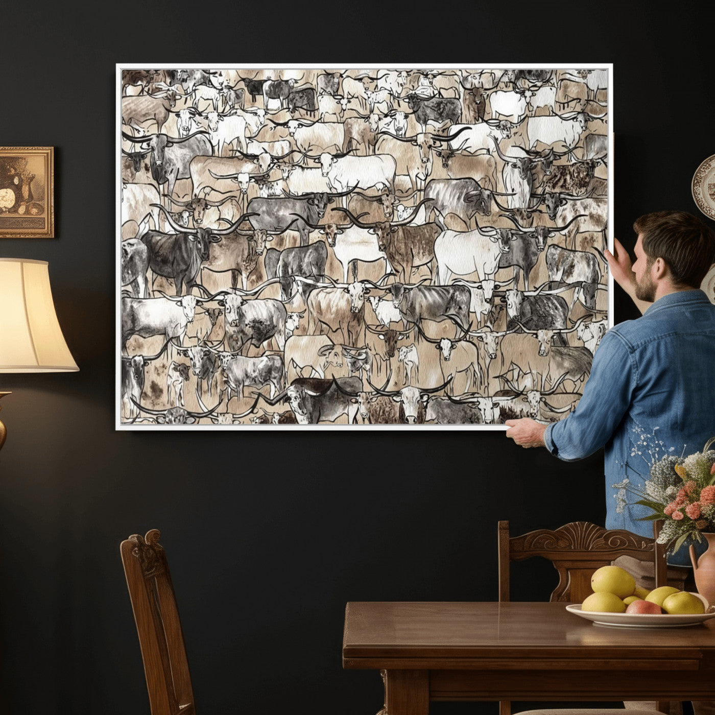 64368752-MGV-CV-36X24 - Farmhouse Animals Wall Art Canvas Print - Abstract Farm Animal Drawing Mid-Century Wall Art for Cabin Decor