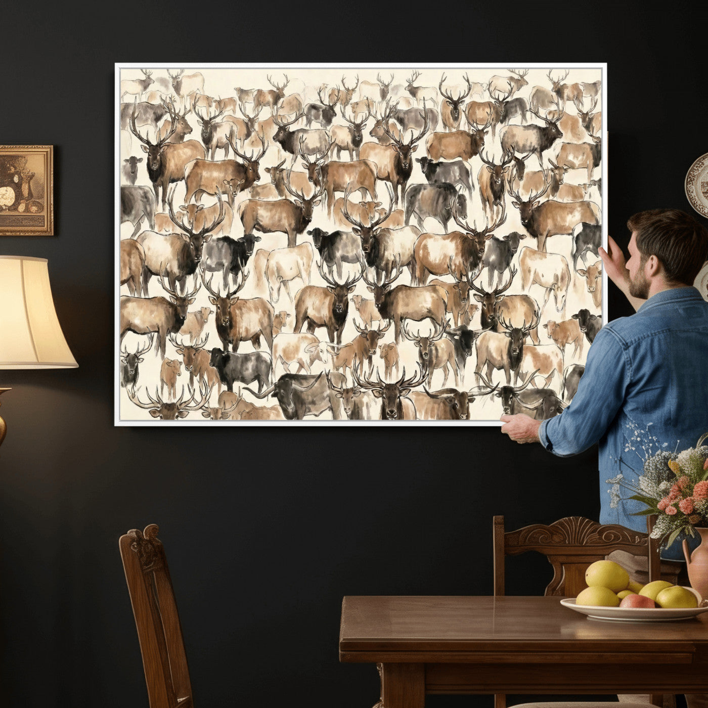 24374881-MGV-CV-36X24 - Farmhouse Animals Wall Art Canvas Print - Abstract Farm Animal Drawing Mid-Century Wall Art for Cabin Decor