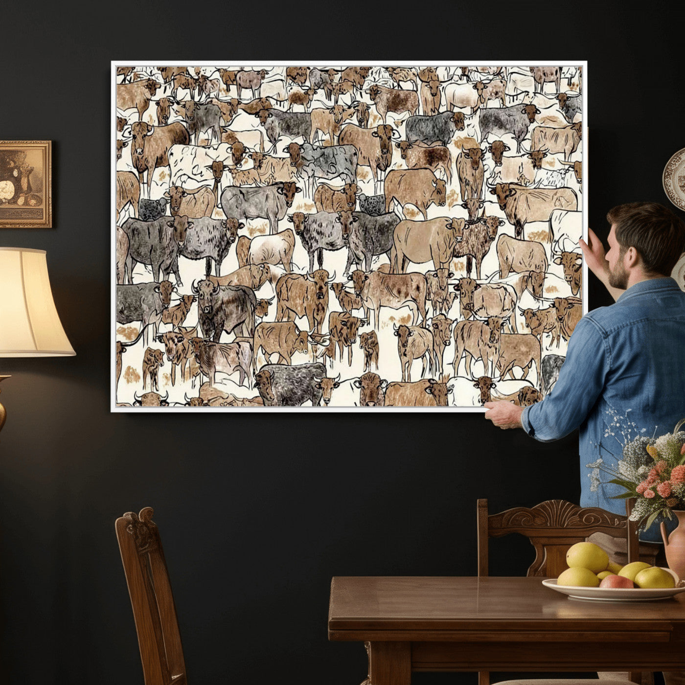 76902119-MGV-CV-36X24 - Farmhouse Animals Wall Art Canvas Print - Abstract Farm Animal Drawing Mid-Century Wall Art for Cabin Decor