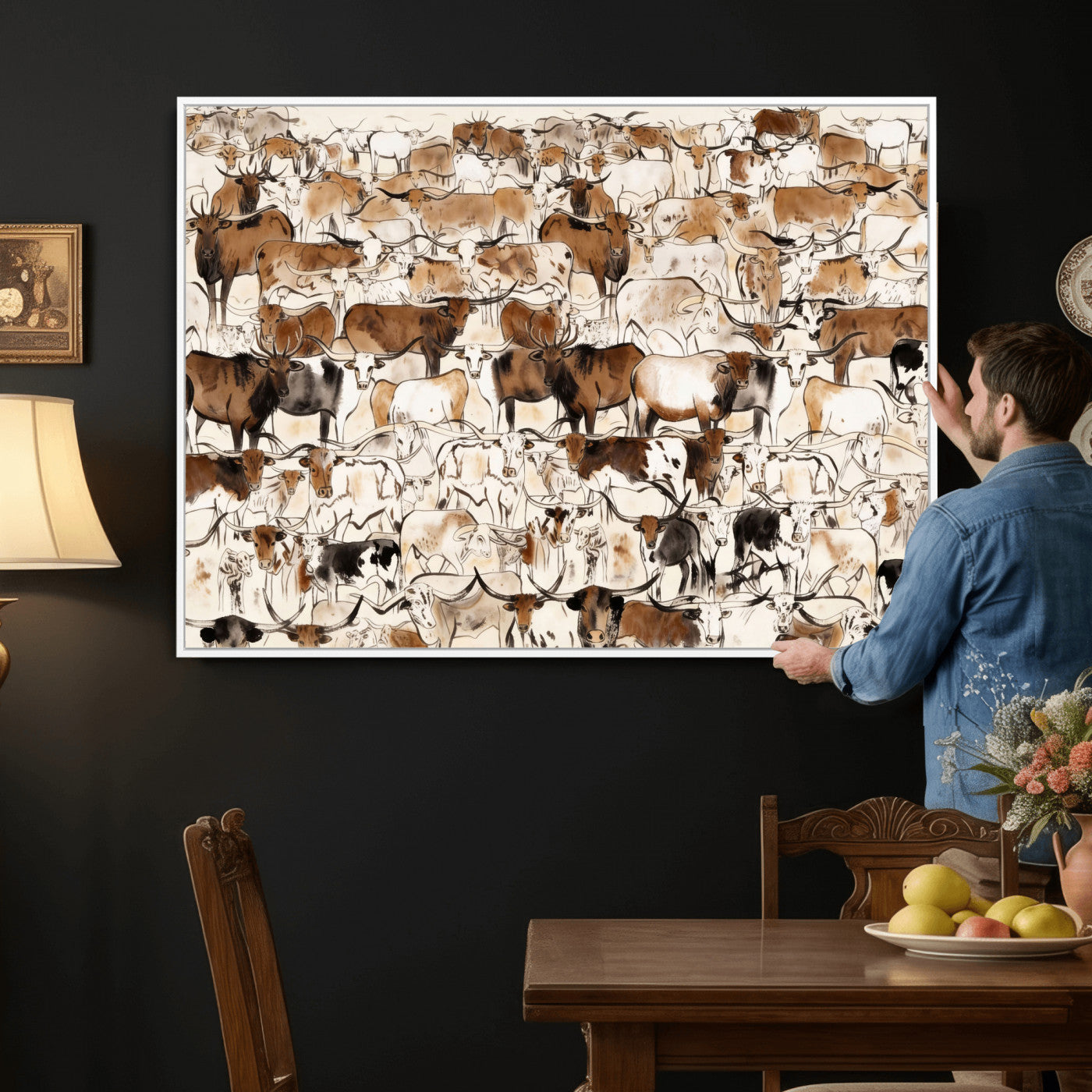 81416572-MGV-CV-36X24 - Farmhouse Animals Wall Art Canvas Print - Abstract Farm Animal Drawing Mid-Century Wall Art for Cabin Decor