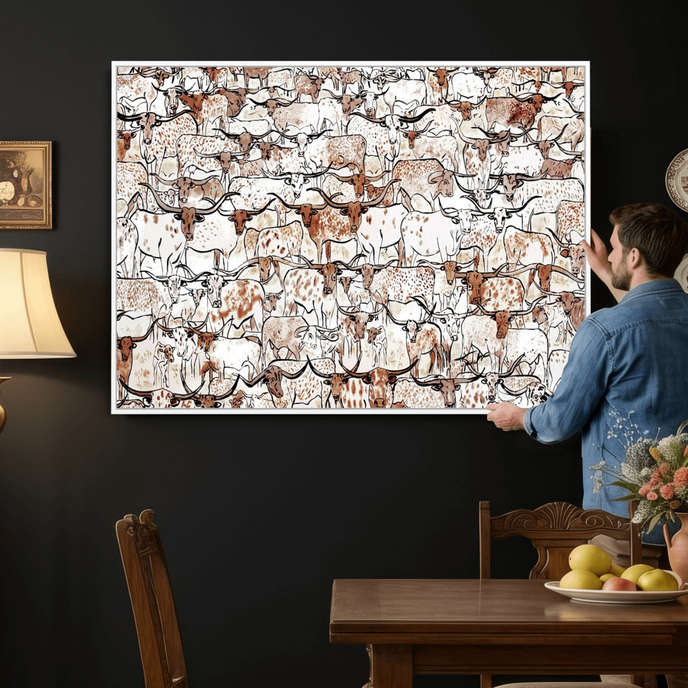 71869761-MGV-CV-36X24 - Farmhouse Animals Wall Art Canvas Print - Abstract Farm Animal Drawing Mid-Century Wall Art for Cabin Decor
