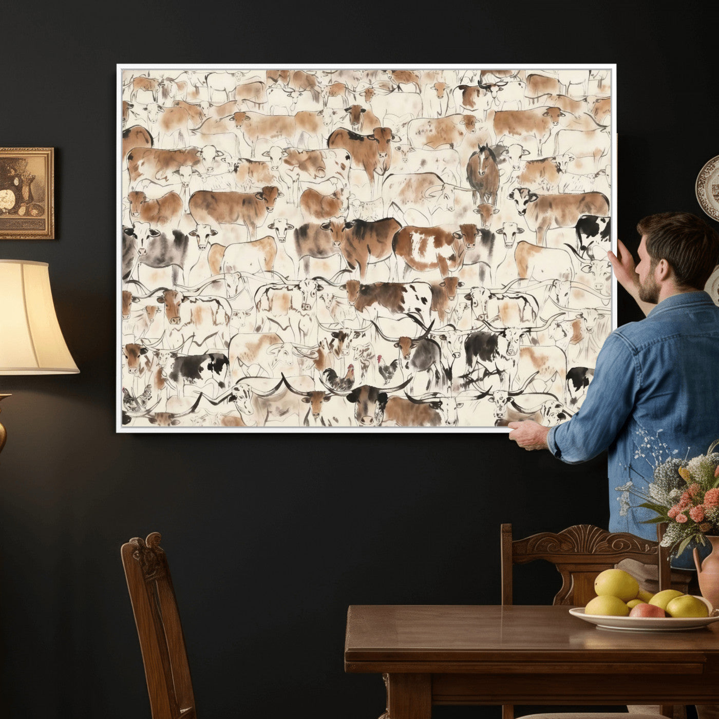 69961368-MGV-CV-36X24 - Farmhouse Animals Wall Art Canvas Print - Abstract Farm Animal Drawing Mid-Century Wall Art for Cabin Decor