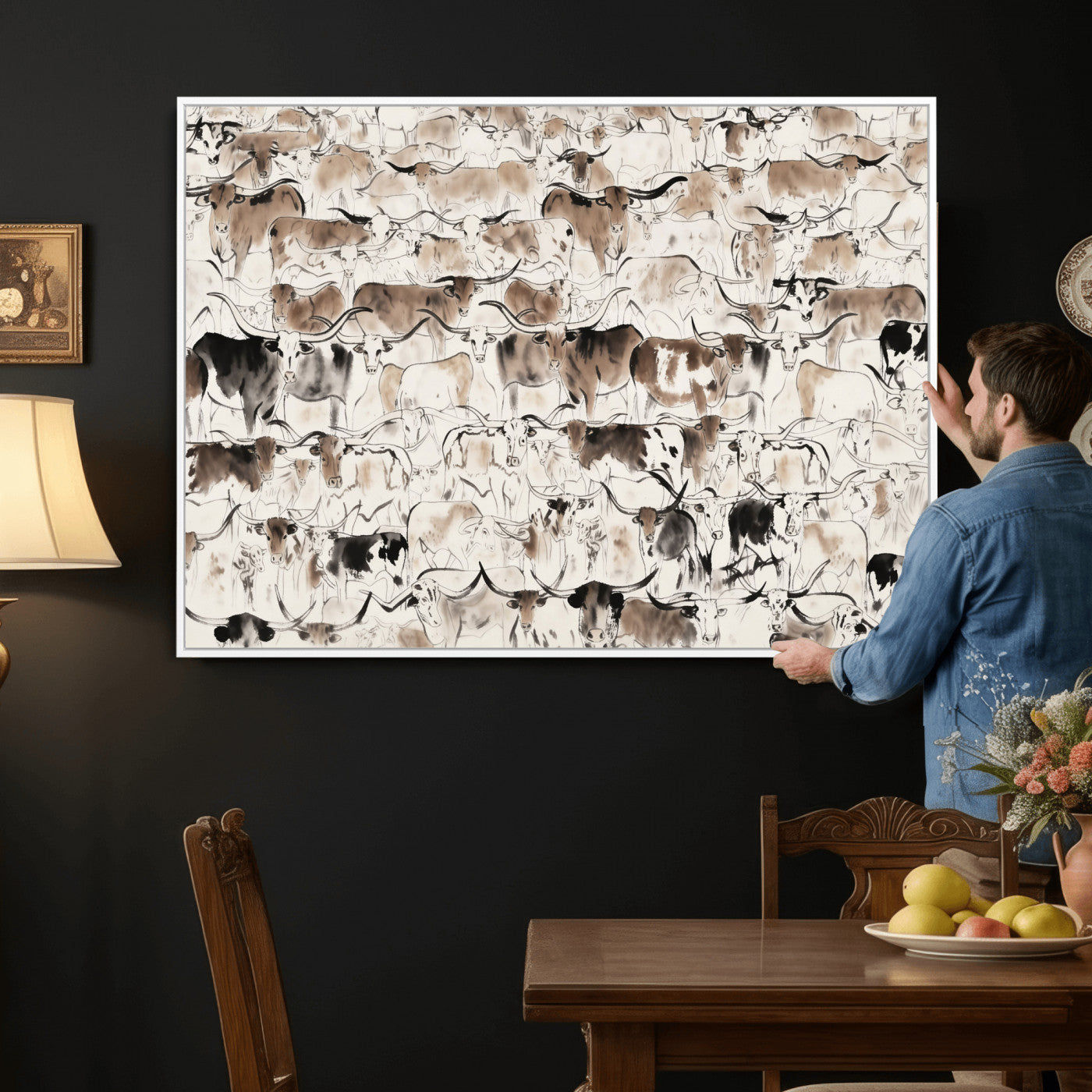 66685375-MGV-CV-36X24 - Farmhouse Animals Wall Art Canvas Print - Abstract Farm Animal Drawing Mid-Century Wall Art for Cabin Decor