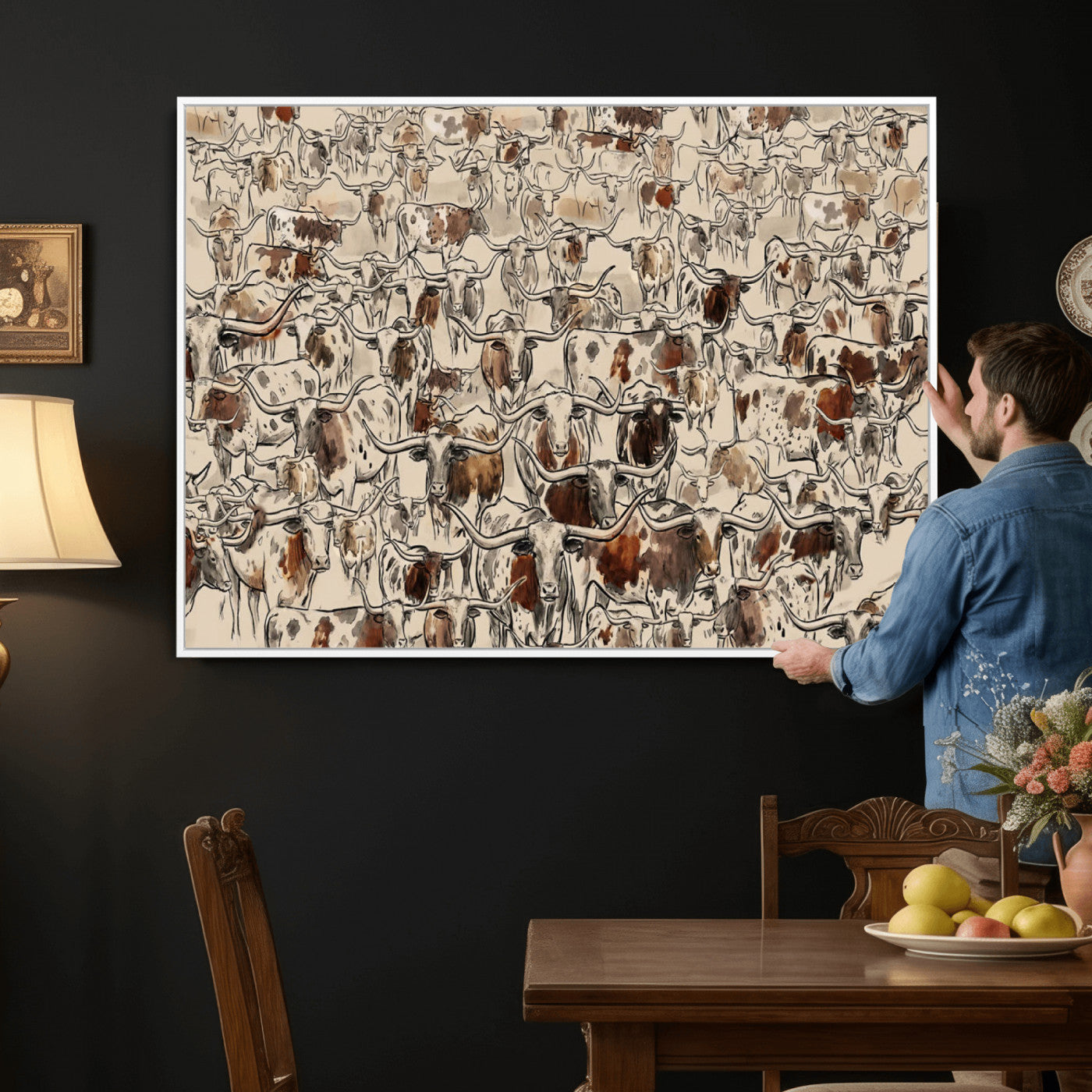 94808502-MGV-CV-36X24 - Farmhouse Animals Wall Art Canvas Print - Abstract Farm Animal Drawing Mid-Century Wall Art for Cabin Decor