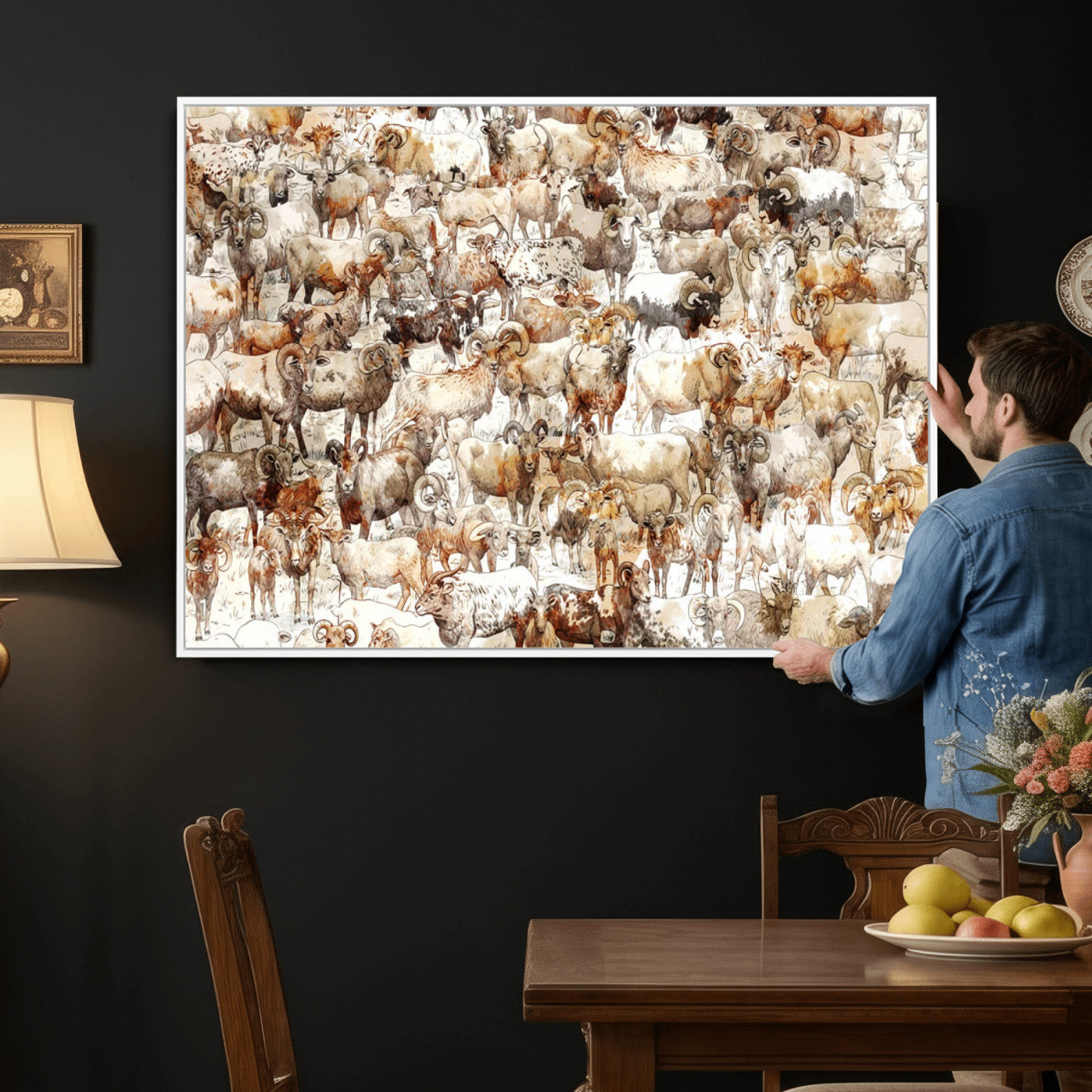 95103864-MGV-CV-36X24 - Farmhouse Animals Wall Art Canvas Print - Abstract Farm Animal Drawing Mid-Century Wall Art for Cabin Decor