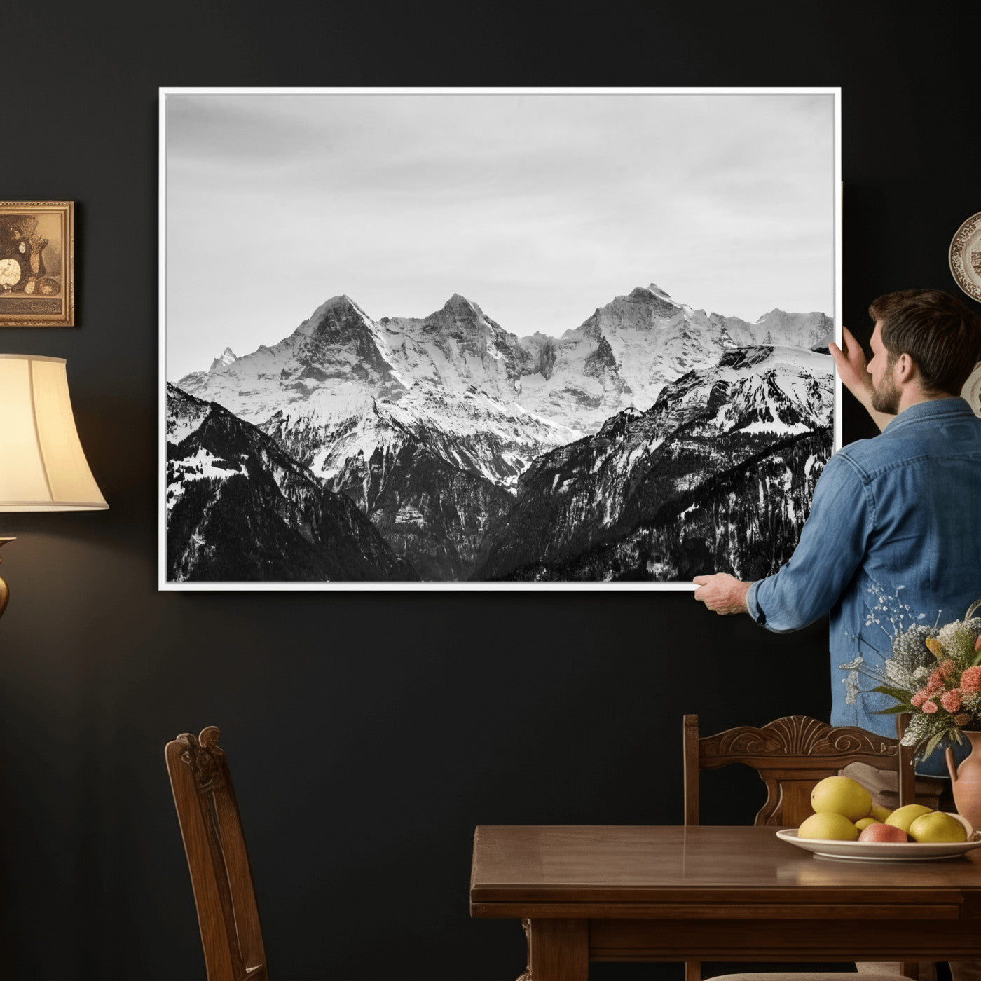 85684934-MGV-CV-36X24 - Black and White Mountain Wall Art Canvas Print, Snowy Alpine Peaks Landscape Photography, Minimal Monochrome Mountain Art, Scenic Nature Wall Decor