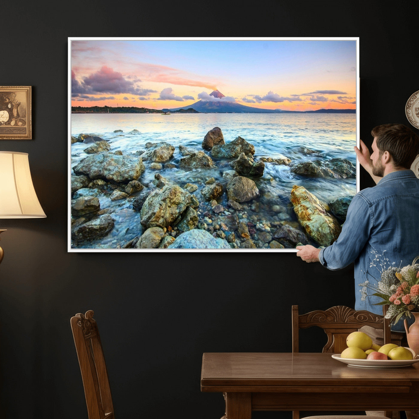 46869511-MGV-CV-36X24 - Mayon Volcano Seascape Landscape Wall Art Canvas Print, Tropical Ocean Shore Mountain Canvas Print, Philippines Coastal Scenic Art Printing