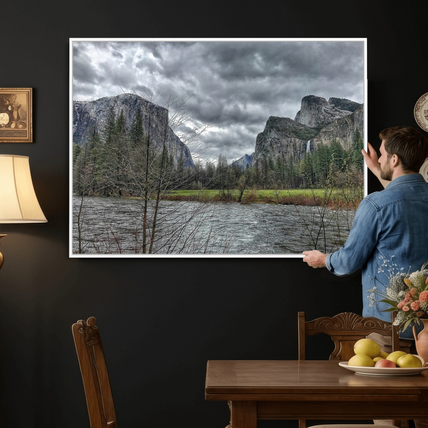 75582552-MGV-CV-36X24 - Yosemite Valley River Landscape Wall Art Canvas Print, Granite Cliffs Forest River Canvas Print, California National Park Moody Scenic Art Printi